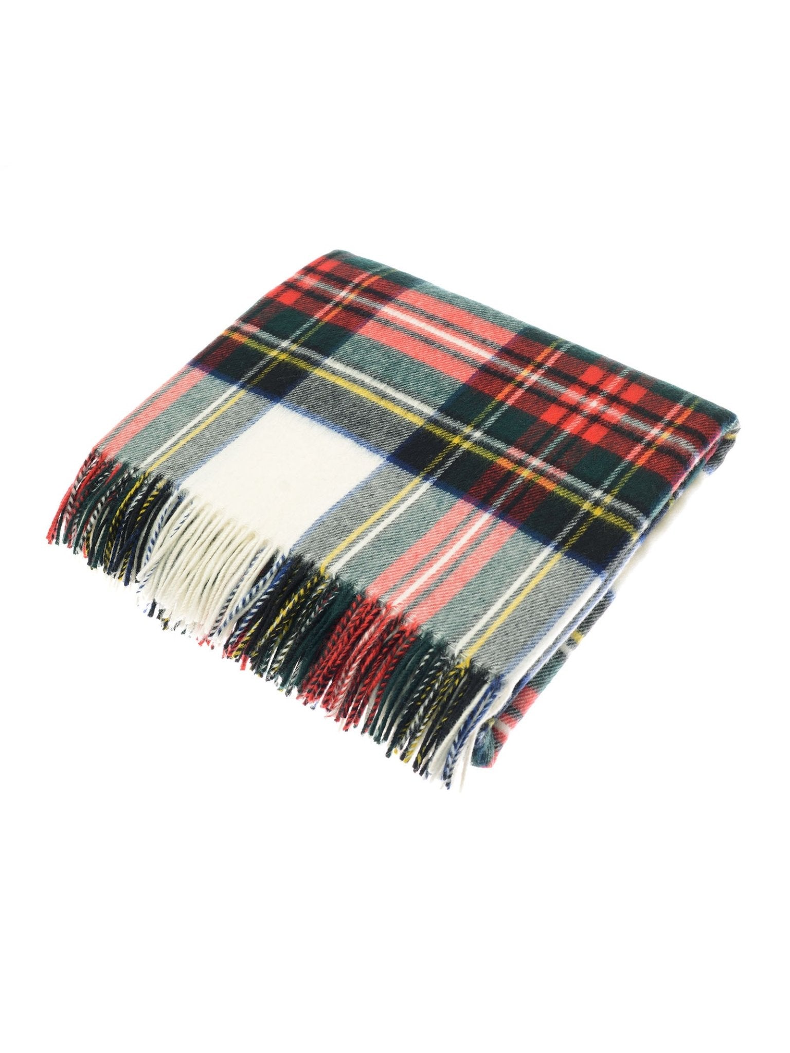 The Lambswool Tartan Blanket by Campbell's of Beauly features a colorful plaid in red, green, white, yellow, and blue with fringed edges—an iconic heritage throw inspired by classic UK-made blankets.