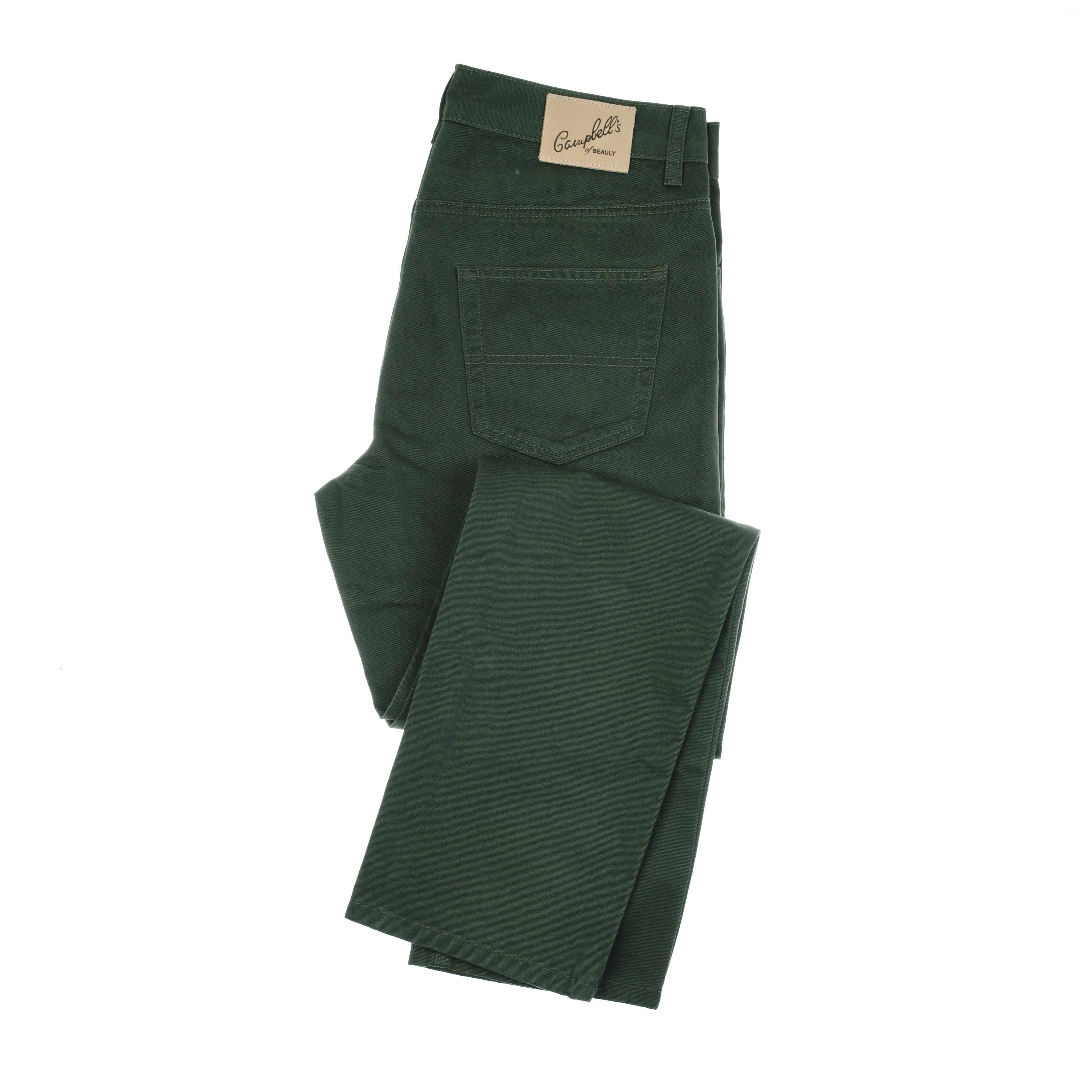 A pair of Campbell's of Beauly Colour Cotton Jeans in dark green, folded to show a brown waistband label, visible back pocket, and a clean five-pocket straight leg design.