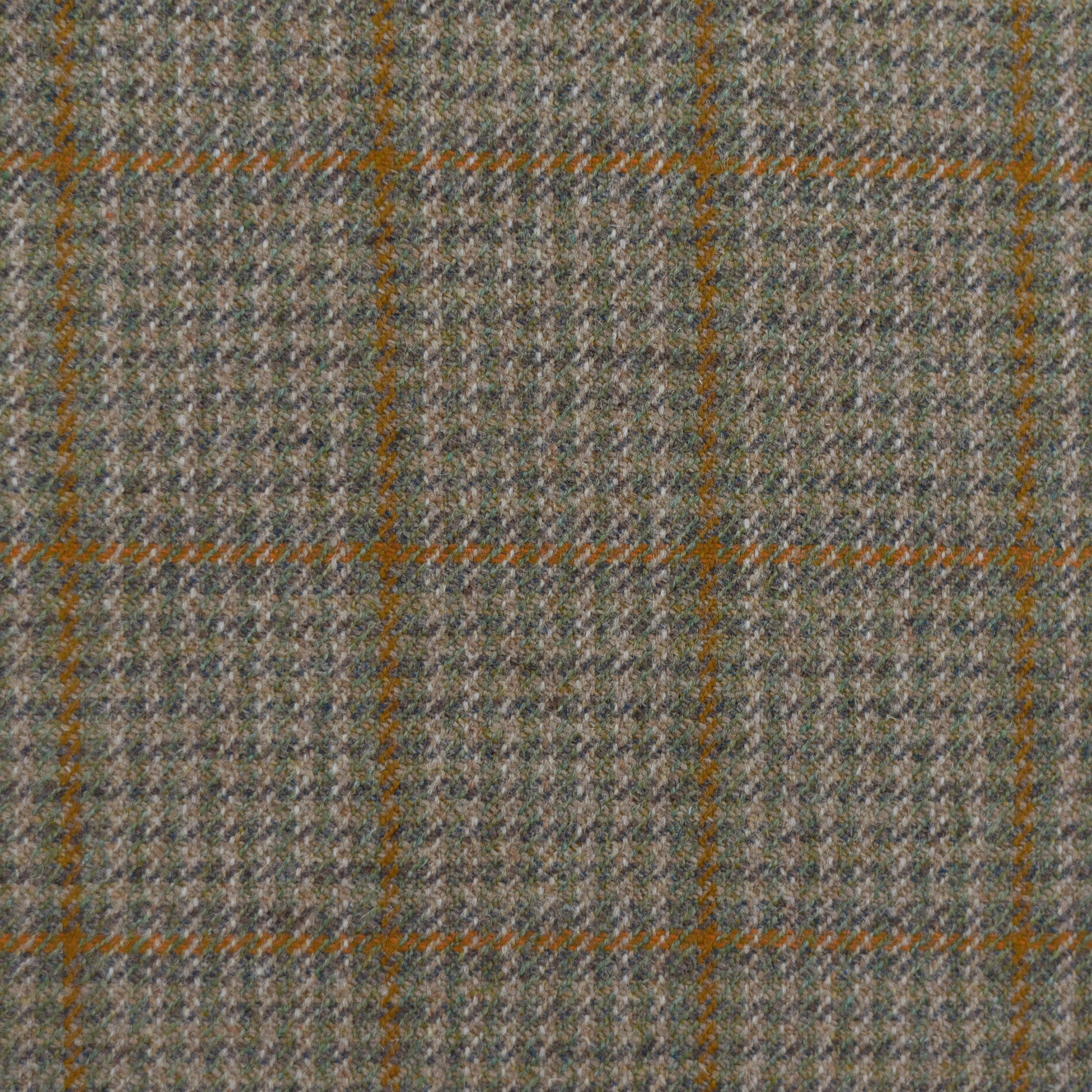 Close-up of Campbells of Beauly House Tweed 71958, featuring a subtle plaid in green, brown, and gray with thin orange lines, showcasing traditional Scottish craftsmanship and heritage.