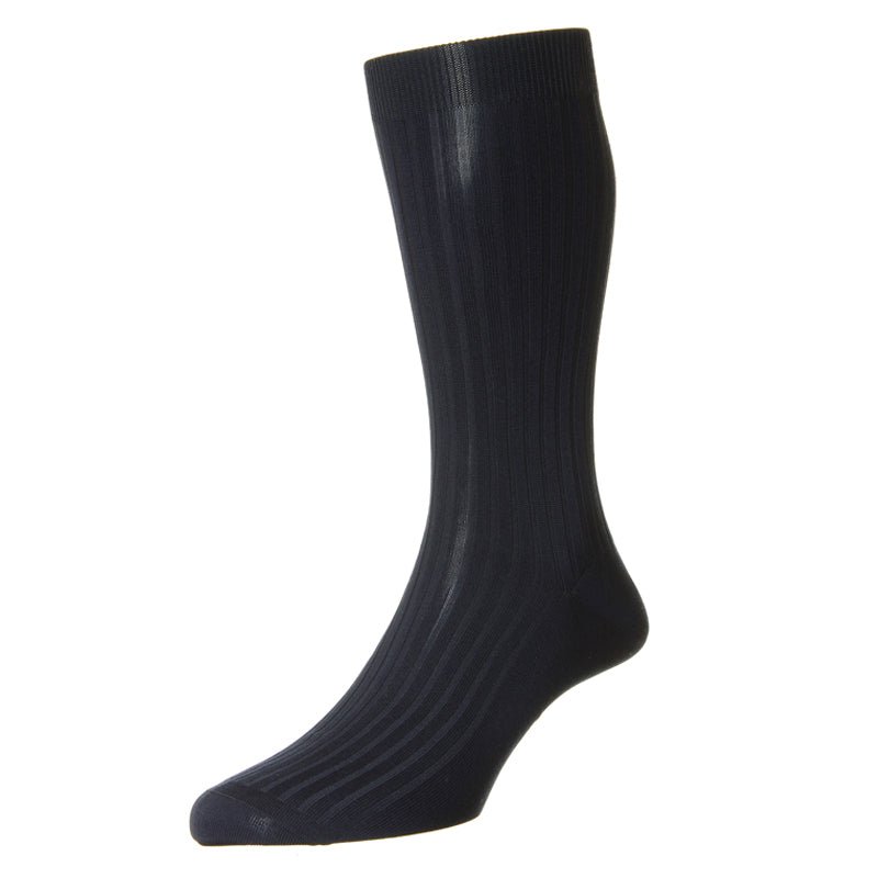 A single Campbell's of Beauly Cotton Sock in black, featuring a ribbed design, is displayed upright on a plain white background—ideal for everyday comfort on any occasion.