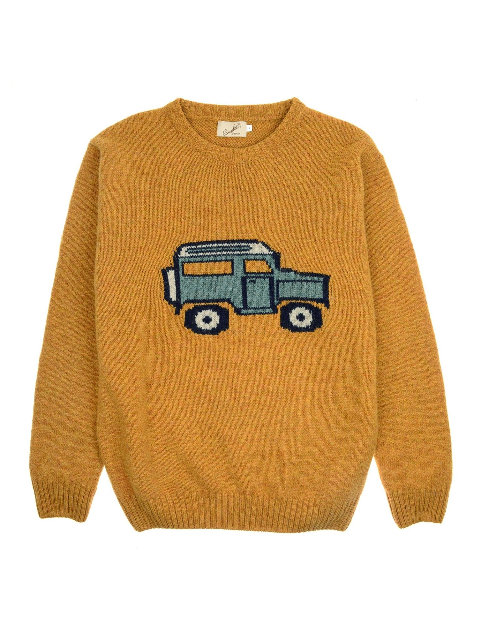 The Campbell's of Beauly Unisex Land Rover Defender Jumper is a mustard yellow knit with a blue and green car graphic, crew neckline, and ribbed cuffs and hem—perfect for fans of classic British motoring.