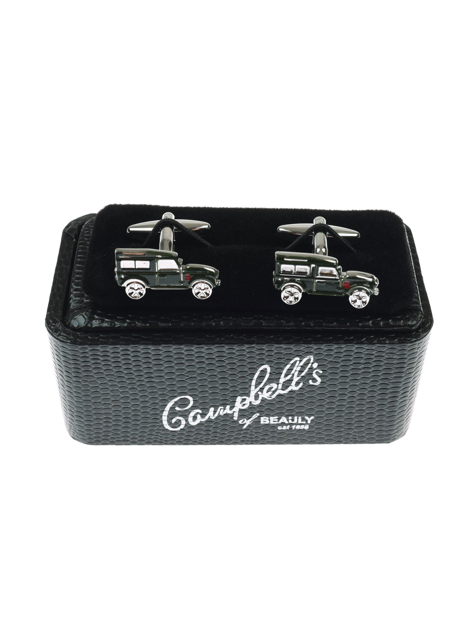 Land Rover Defender Cufflinks by Campbell's of Beauly—black car-shaped cufflinks in a black textured box with the brand’s name in white script; the perfect gift for Defender fans.