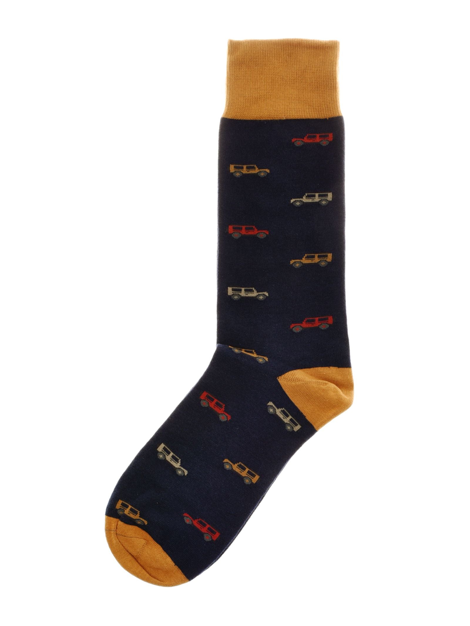 Land Rover Defender Socks by Campbell's of Beauly make a great gift, featuring navy cotton with mustard yellow accents and a playful vintage car pattern inspired by the classic Land Rover Defender.
