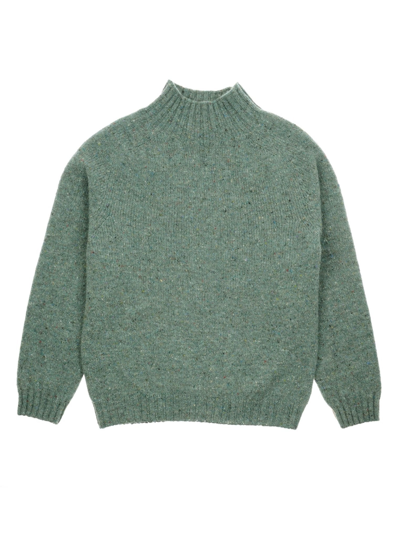 The Campbell's of Beauly Donegal Lambswool Funnel Neck Jumper in Verdigris, featuring long sleeves, ribbed mock neck, cuffs, and hem, is laid flat on a white background.