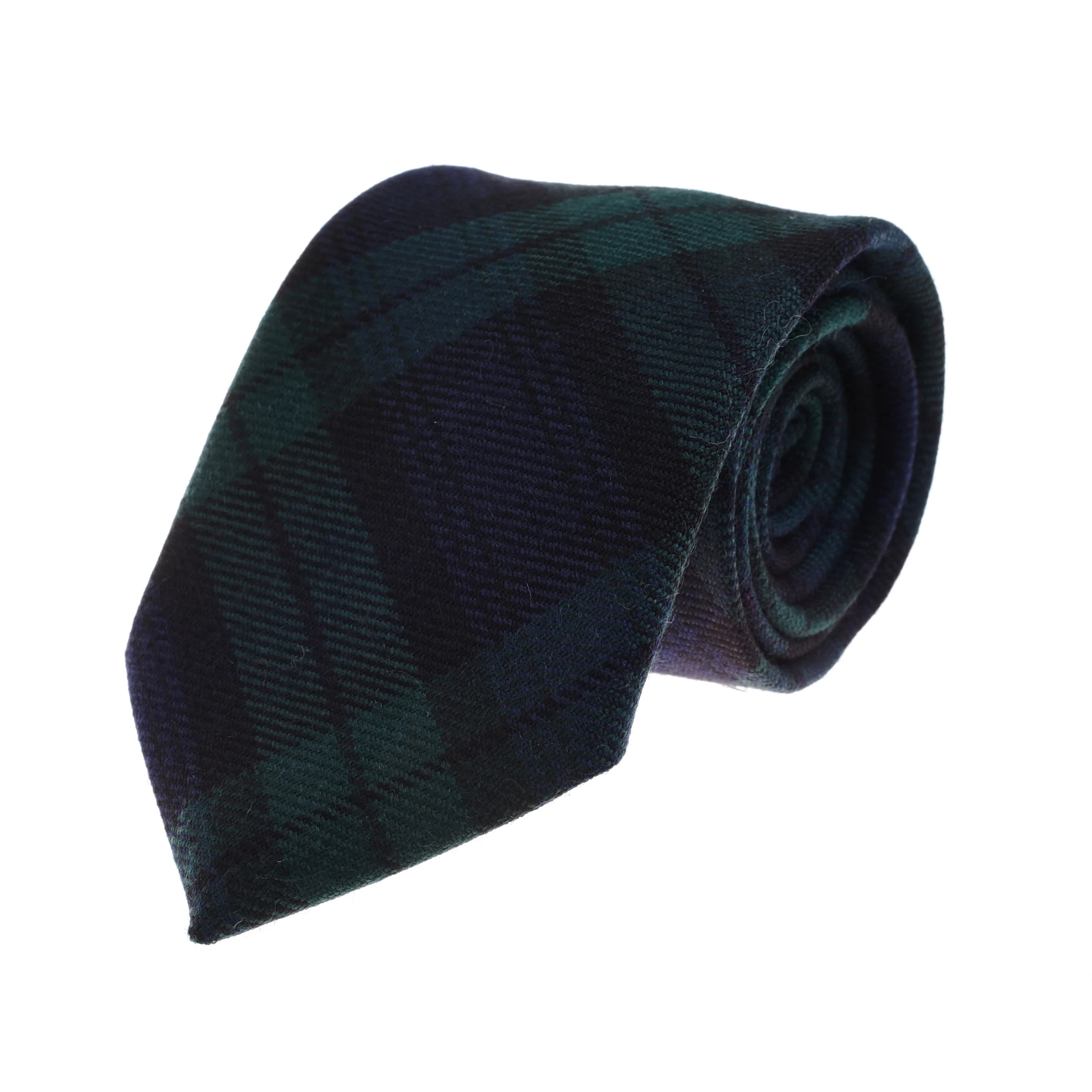 The Campbell's of Beauly Tartan Tie, made from fine wool, features a dark green and black plaid pattern and is ideal for formalwear. Displayed rolled up on a white background.