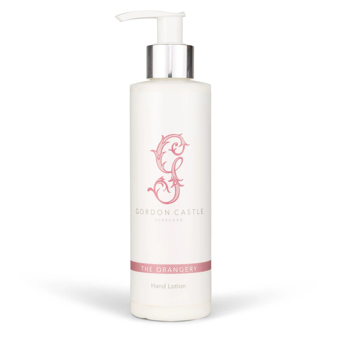 A white pump bottle of Gordon Castle Orangery Hand Lotion, featuring pink decorative lettering and natural botanical extracts, stands upright on a white background.