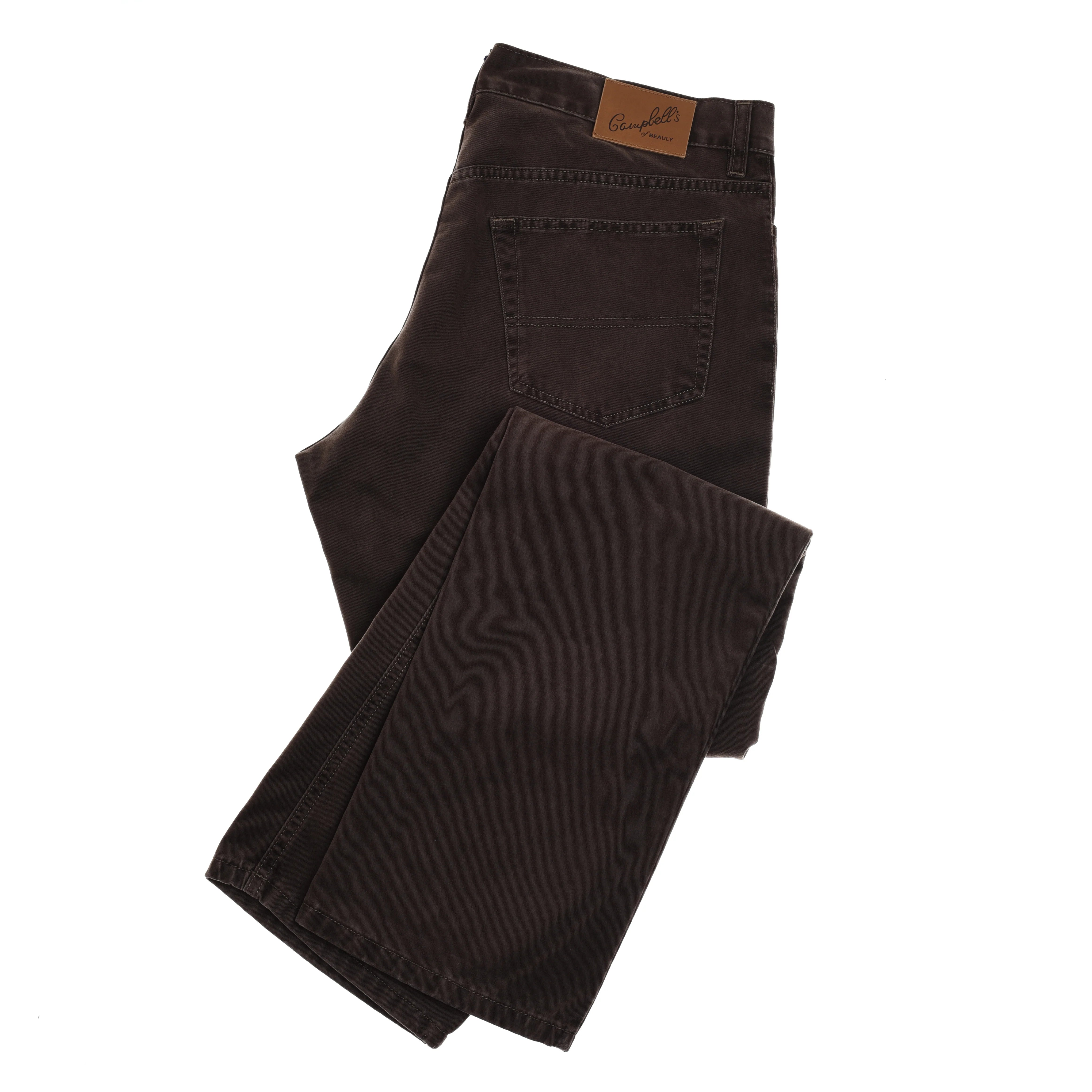 Campbell's of Beauly Neutral Cotton Jeans in dark brown feature a straight leg cut, visible back pocket, and a leather brand patch on the waistband.