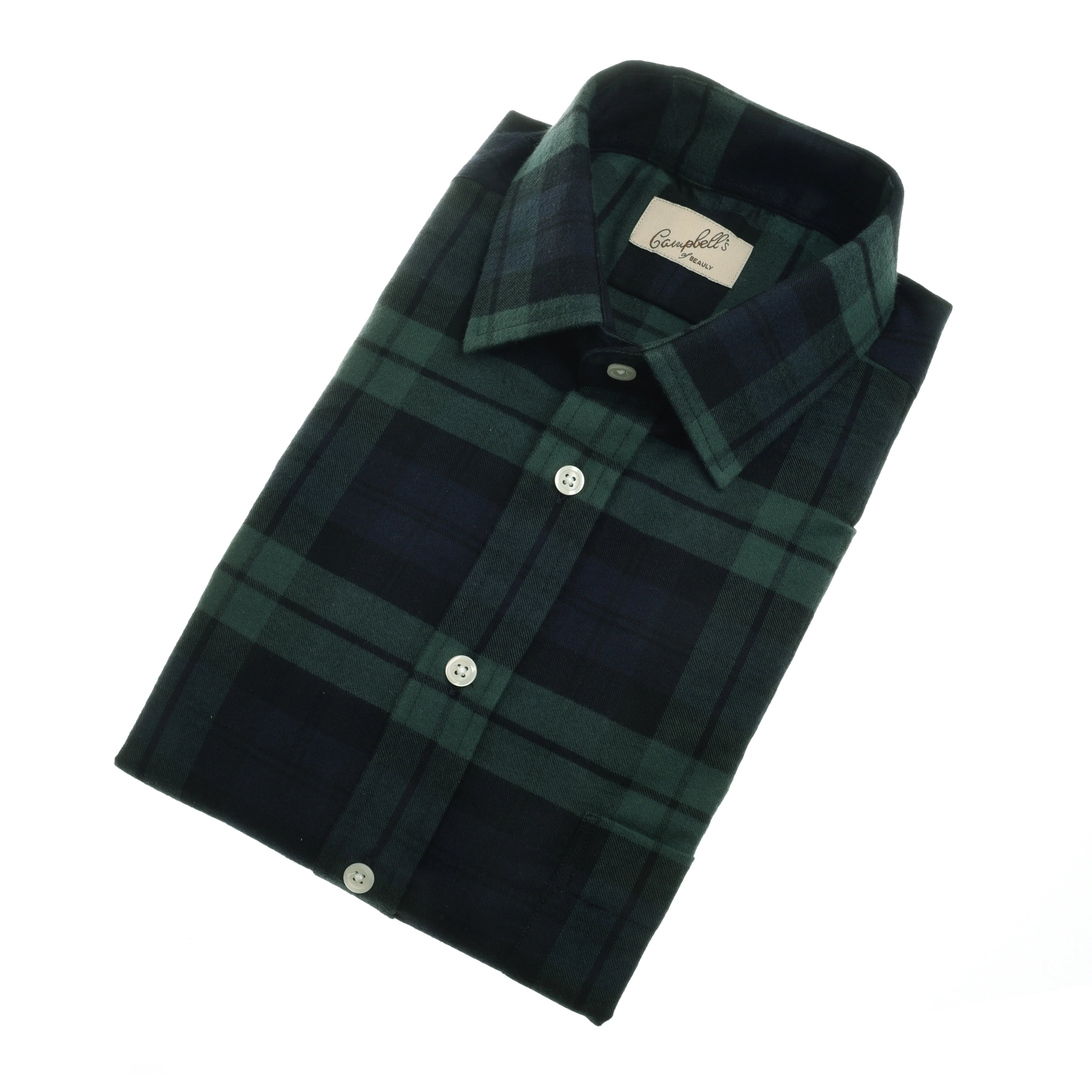 The Campbell's of Beauly Tartan Shirt is a folded, long-sleeve shirt with a green and black plaid pattern, white buttons, and a visible beige label inside the collar.