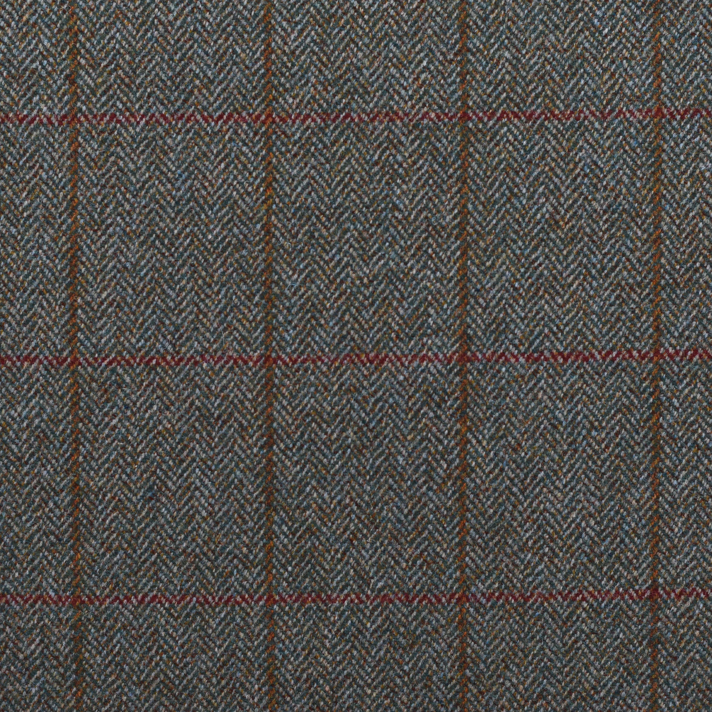 Close-up of House Tweed 62527 by Campbell’s of Beauly—a traditional, coarse Scottish tweed in gray herringbone with thin red and brown grid lines. Perfect for those seeking quality tweed fabric by the metre.