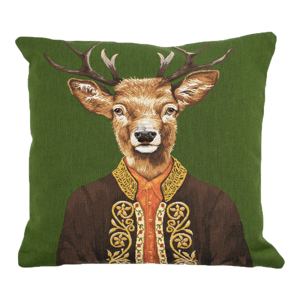 The Alpine Deer Cushion Cover by Campbell's of Beauly features an alpine deer with antlers in an embroidered jacket with a yellow and red collar, set against a plain green background.