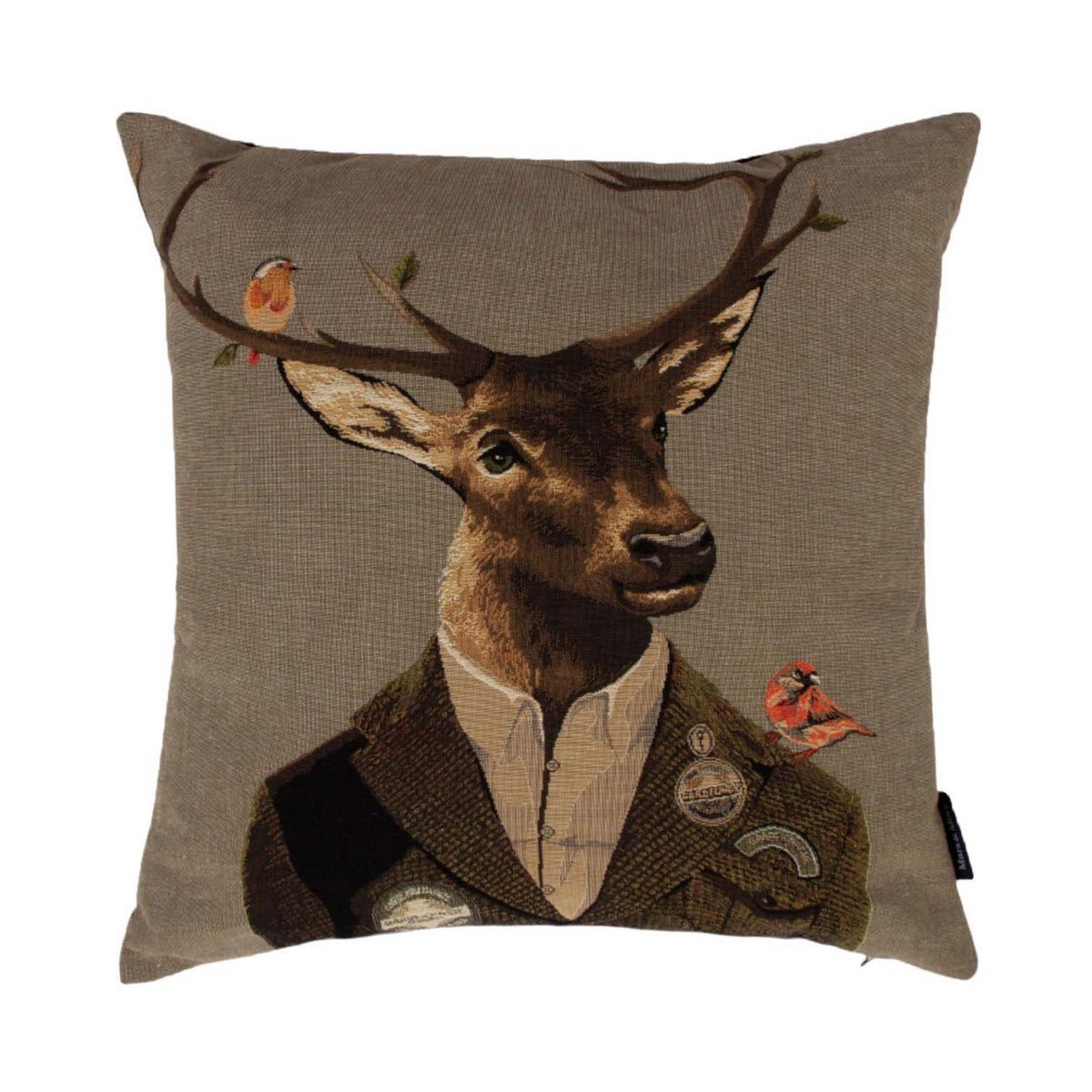 Campbells of Beauly Stag Cushion Cover features a stag in a brown jacket with birds on its antlers and shoulder, set against a neutral background—ideal for bringing countryside charm to any space.