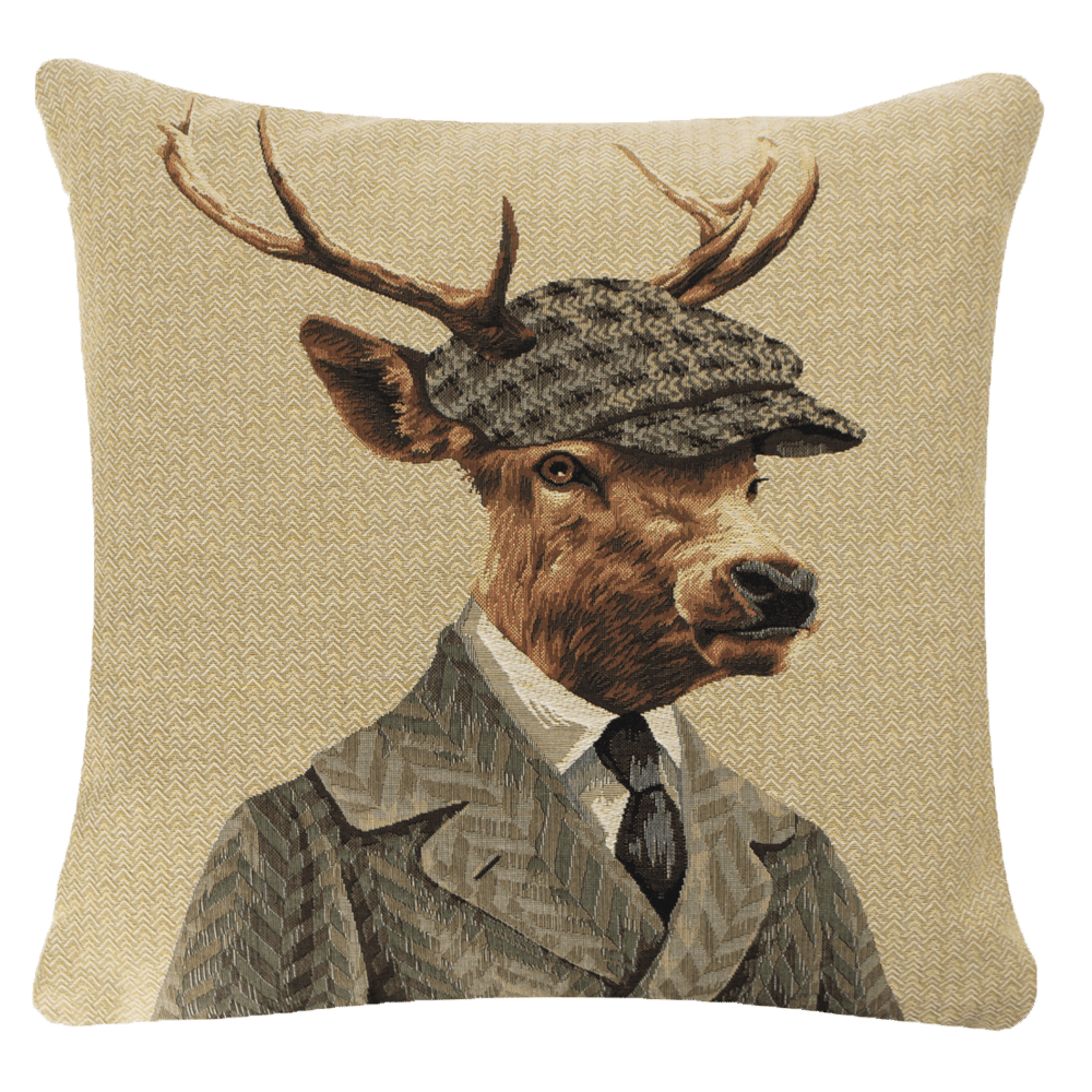 The Dapper Stag Cushion Cover by Campbells of Beauly features a stylish stag in a suit, tie, and flat cap on a beige patterned background—a unique decorative accent for your home.