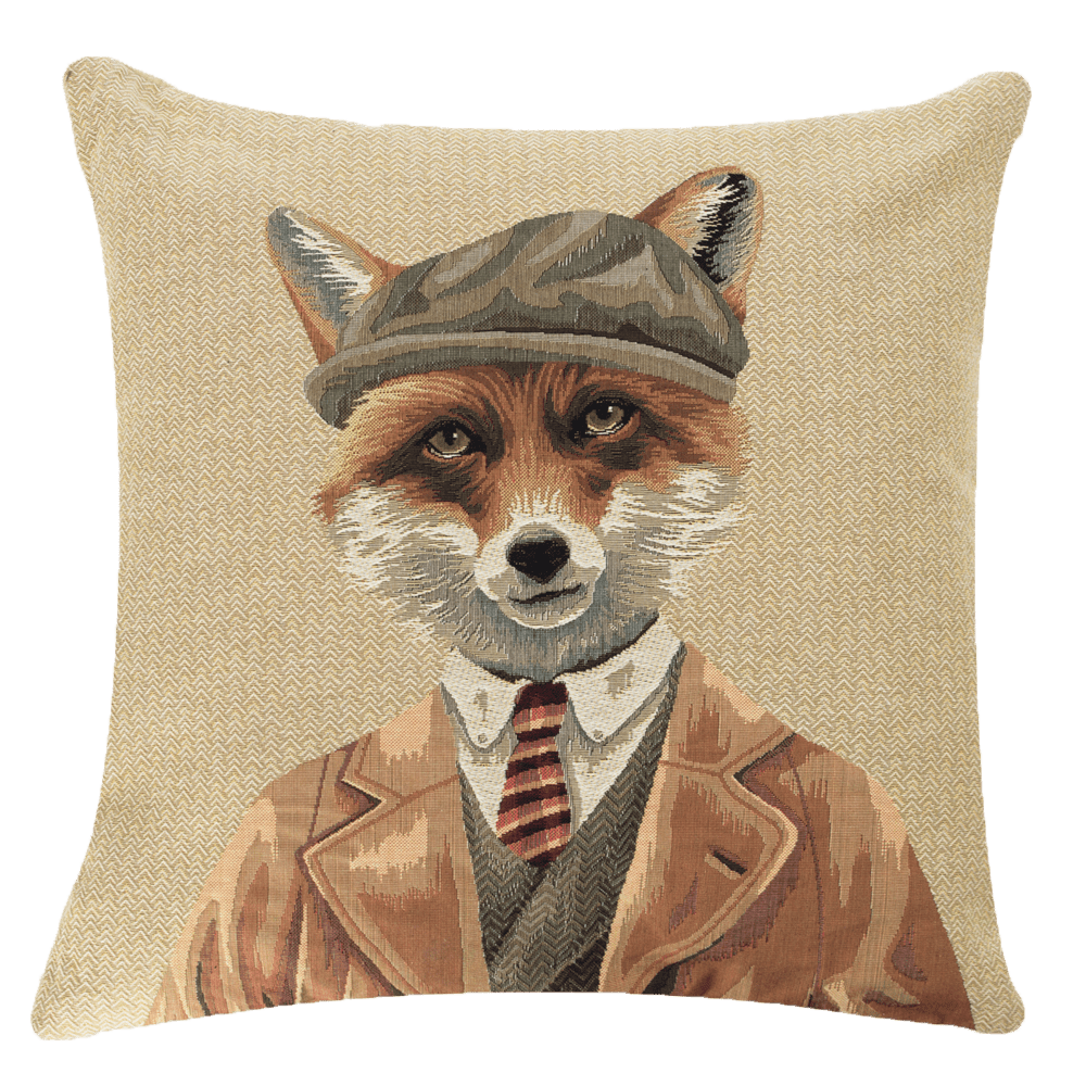 The Fantastic Mr Fox Cushion Cover by Campbell's of Beauly features a fox in vintage attire—brown coat, striped tie, and flat cap—on a beige textured background, inspired by Fantastic Mr Fox.