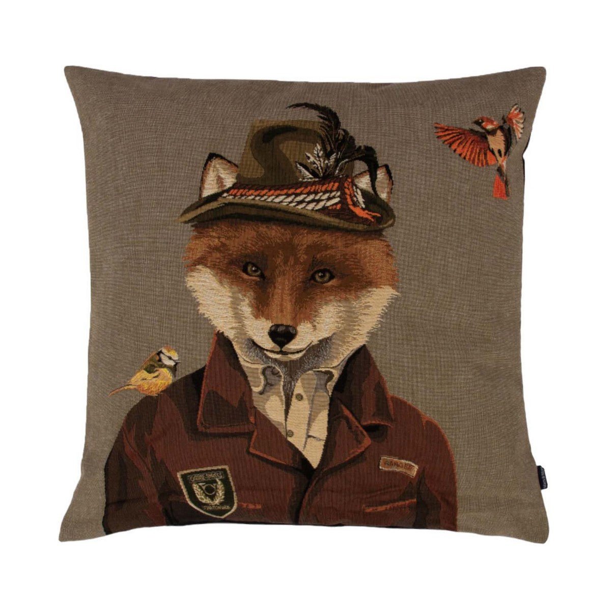 The Urban Fox Cushion Cover by Campbells of Beauly features a whimsical illustrated fox in a brown coat and hat with feathers, plus two birds—bringing countryside charm and unique style to your space.