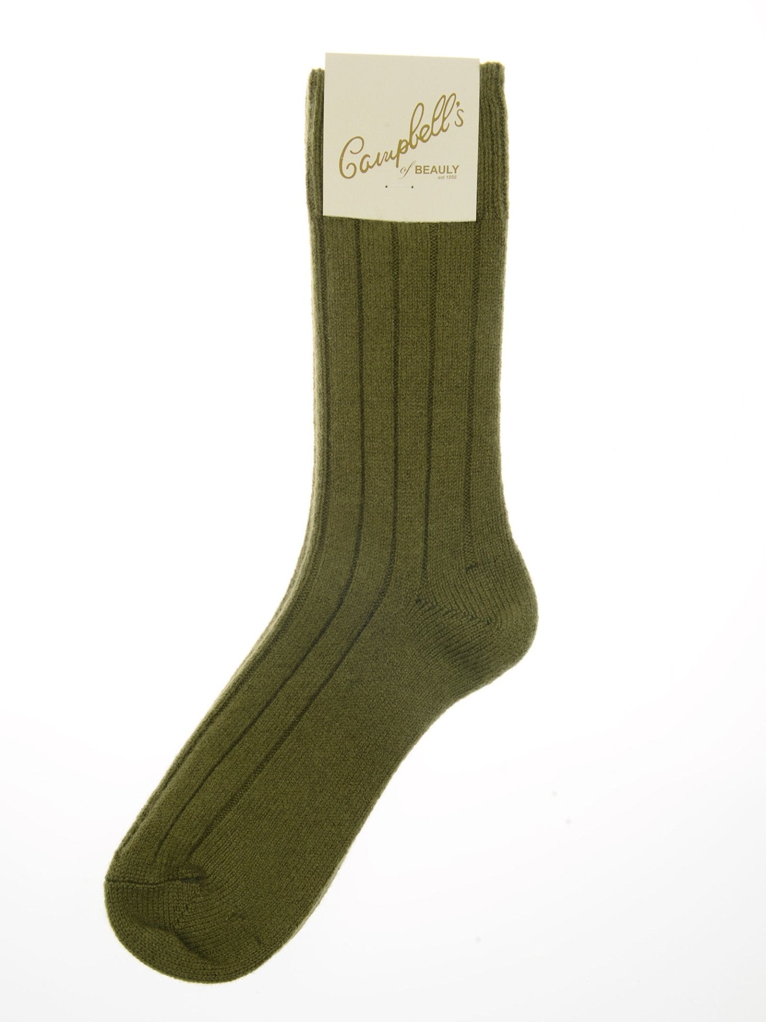 A single olive green Rib Cashmere Sock by Campbell's of Beauly stands upright against a white background, featuring a branded label at the top and showcasing the luxurious craftsmanship of these premium socks.