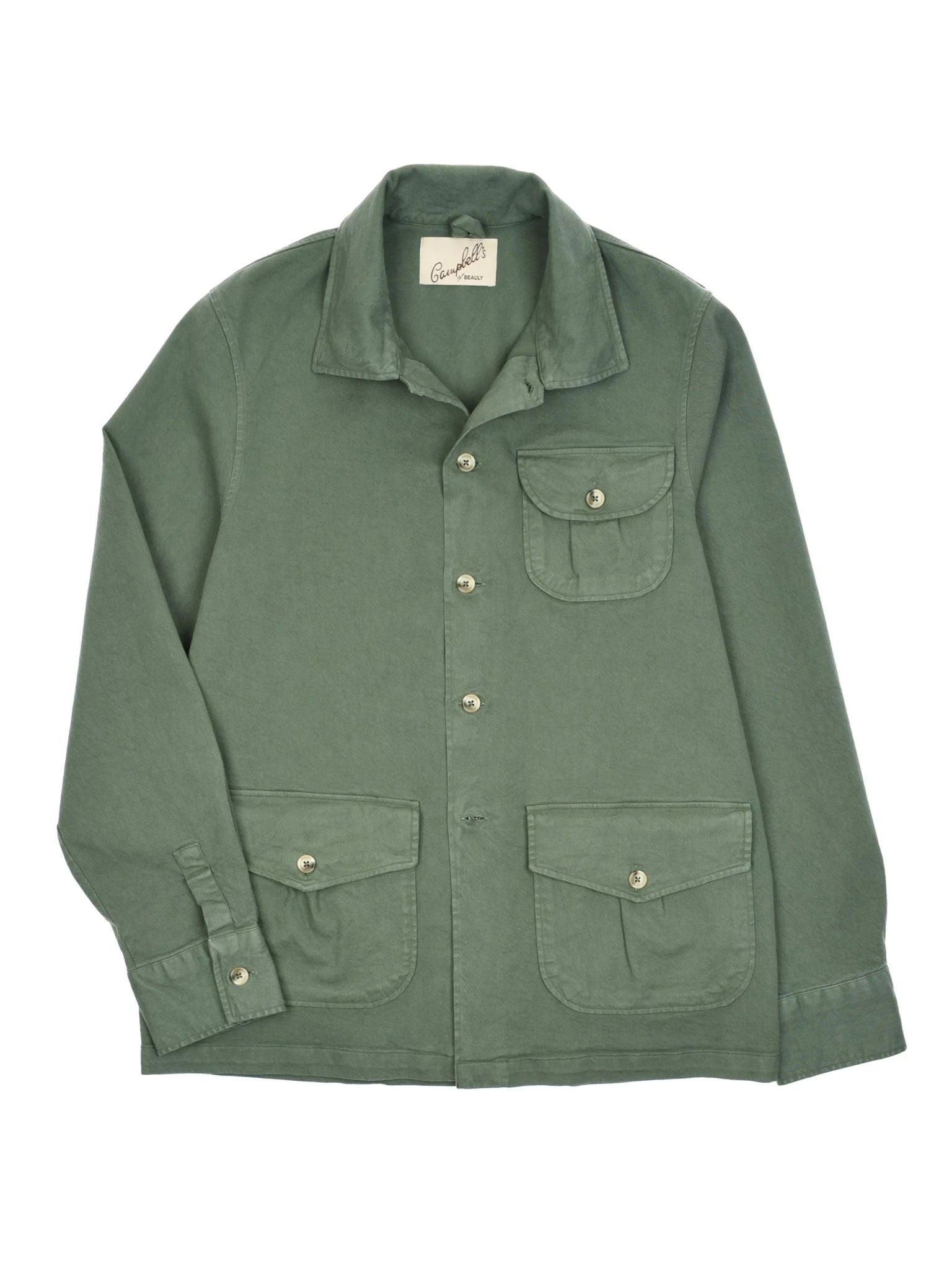 A green Field Chore Jacket by Campbell's of Beauly, crafted in Europe from 100% cotton with a collar, three front button-flap pockets, and an inner neckline label, is shown laid flat on a white background.