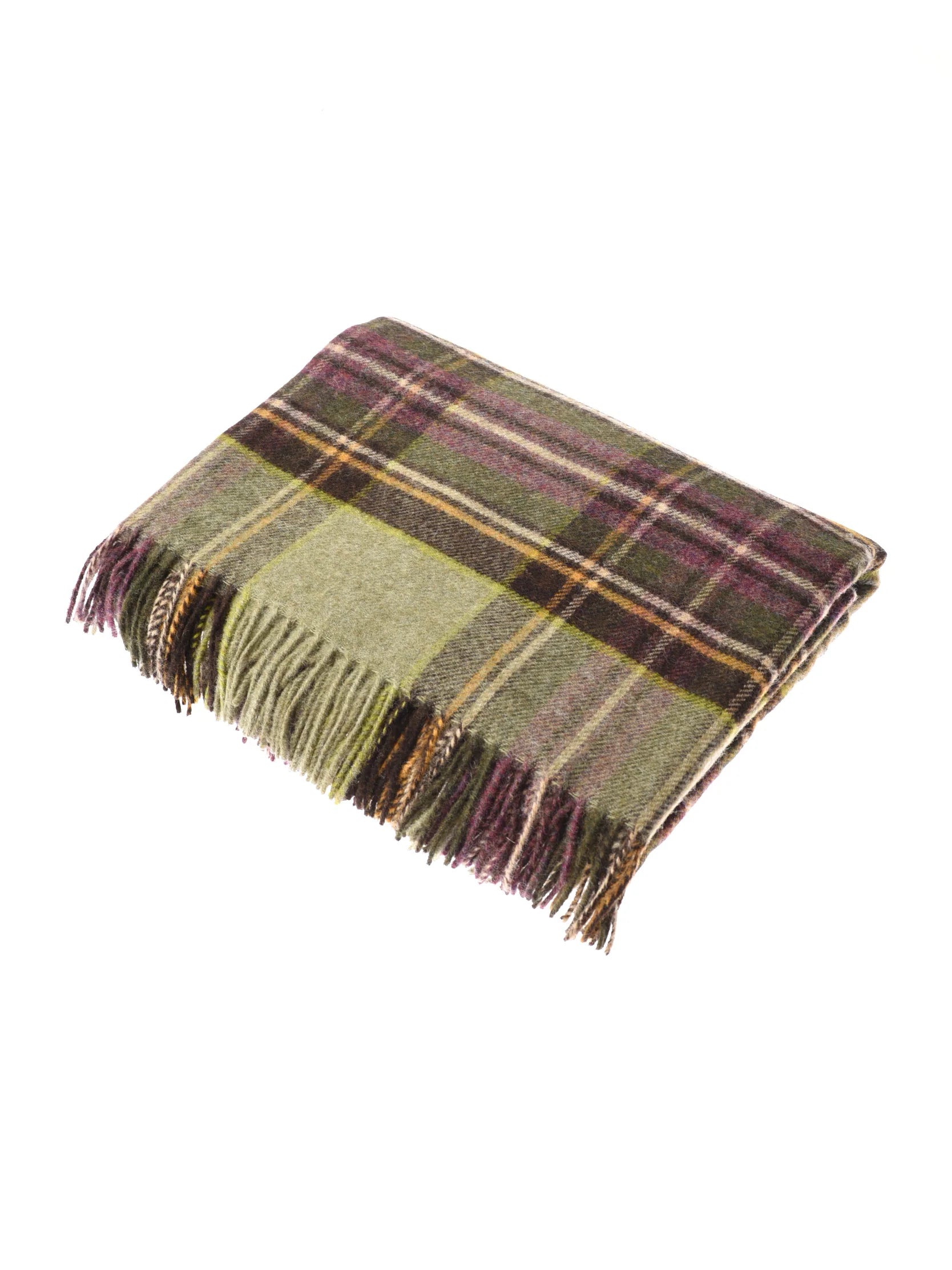 The Strathglass Throw by Campbell's of Beauly features a green, purple, and brown plaid lambswool design with fringed edges—an elegant touch for your cosy home accessories. Displayed folded on a white background.