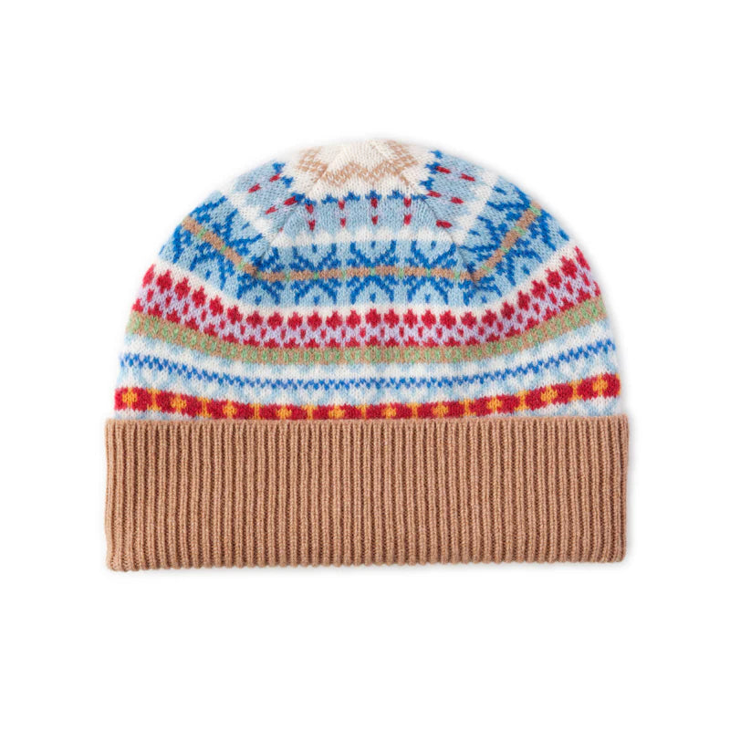 The Auld Stock Lambswool Fairisle Hat by Campbell's of Beauly is a winter essential, with a brown ribbed cuff and blue, red, white, yellow, and green fairisle pattern—ideal for classic lambswool hat fans.