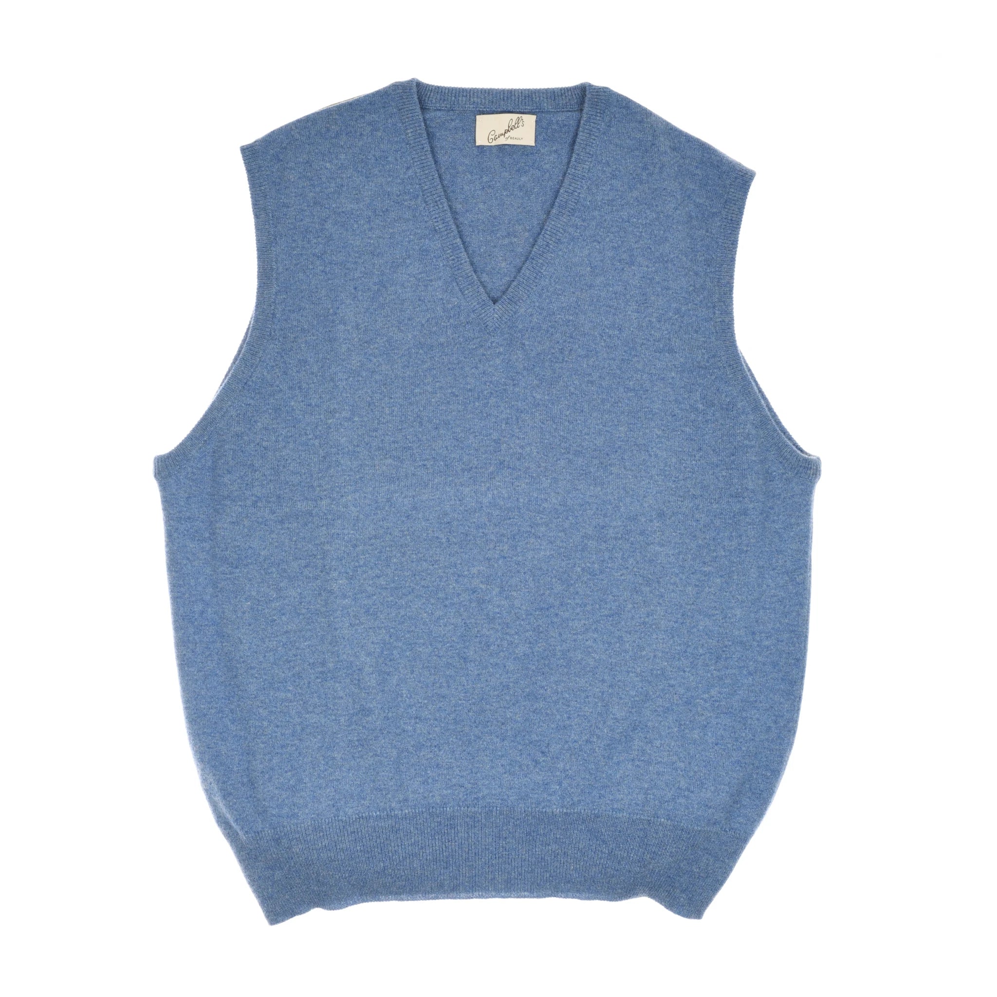 The Auld Stock Cashmere Slipover by Campbell’s of Beauly is a light blue, sleeveless V-neck sweater vest with a ribbed hem and classic fit, crafted in Scotland, shown laid flat on a white background.