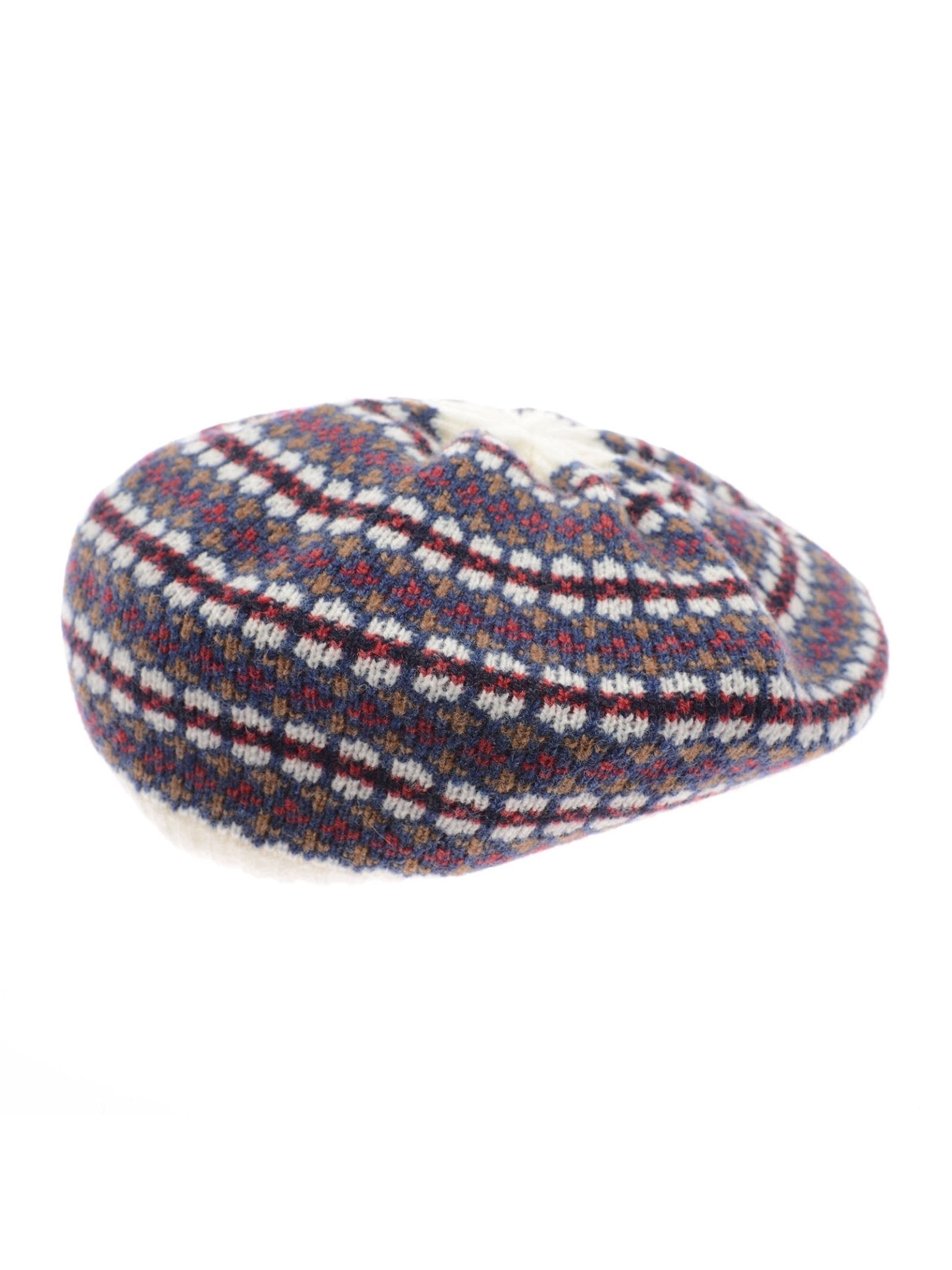 The Lambswool Fairisle Beret by Campbell's of Beauly features a multicolored plaid in blue, red, white, and yellow with classic Fairisle design details, shown on a white background.