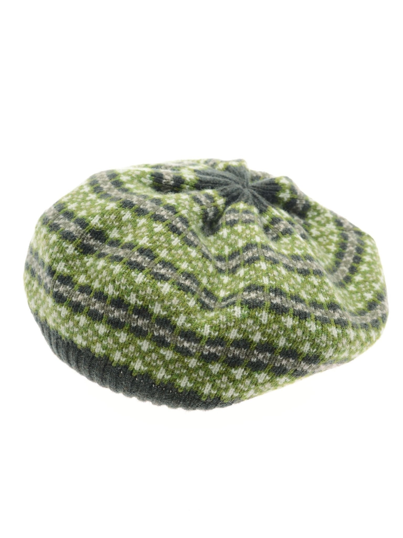 The Campbell's of Beauly Lambswool Fairisle Beret features a green, grey, and white patterned knit in soft lambswool with a classic Fairisle design, shown on a white background.