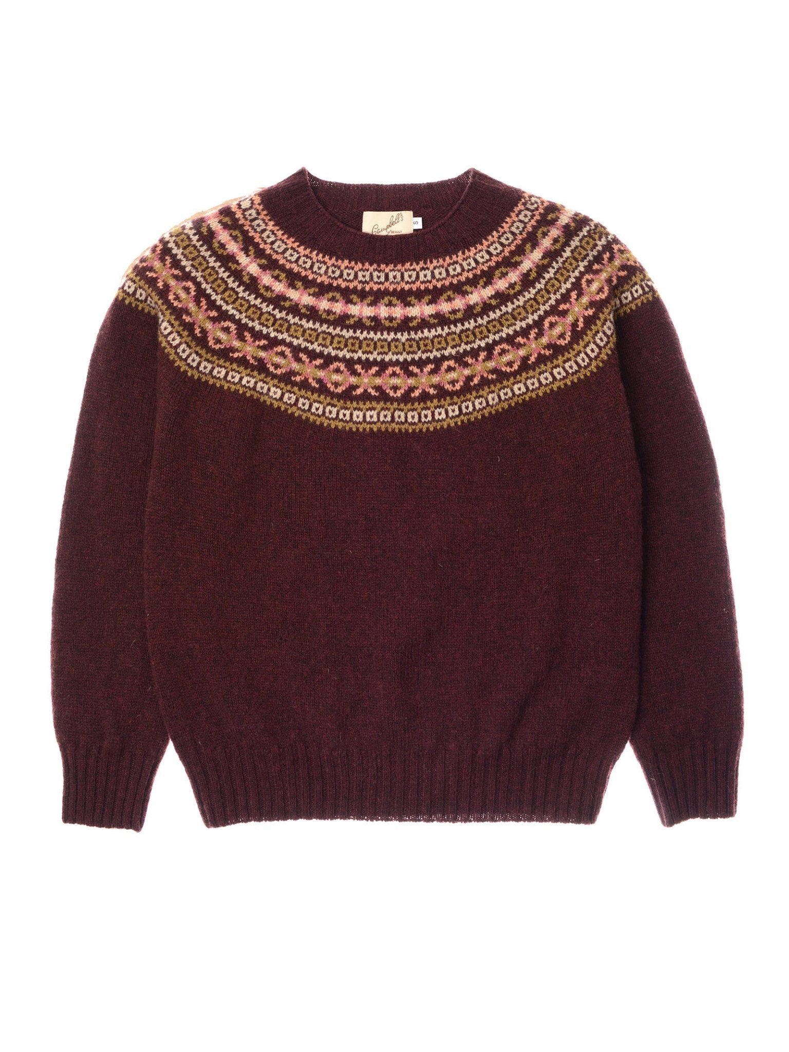 The Campbell's of Beauly Fairisle Crew Jumper is maroon, knitted in Scotland from Geelong lambswool with a round neck and a pink, yellow, and white patterned yoke. It features long sleeves plus ribbed cuffs and hem for warmth.