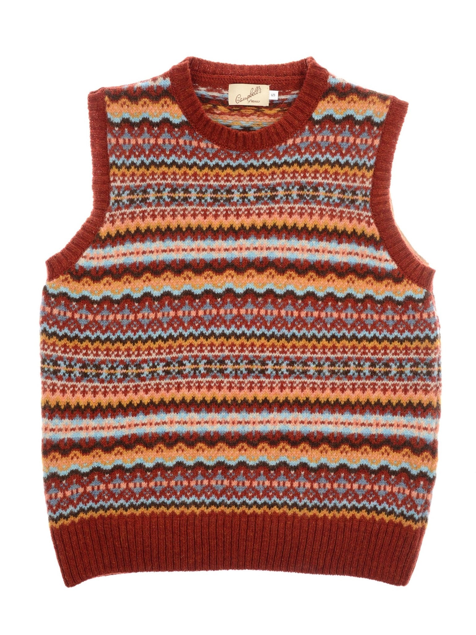 The Campbell's of Beauly Fairisle Crew Tank is a sleeveless Shetland wool vest, knitted in Scotland, with a ribbed neck, vintage-style label, and colorful red, orange, yellow, blue, and cream Fair Isle pattern.
