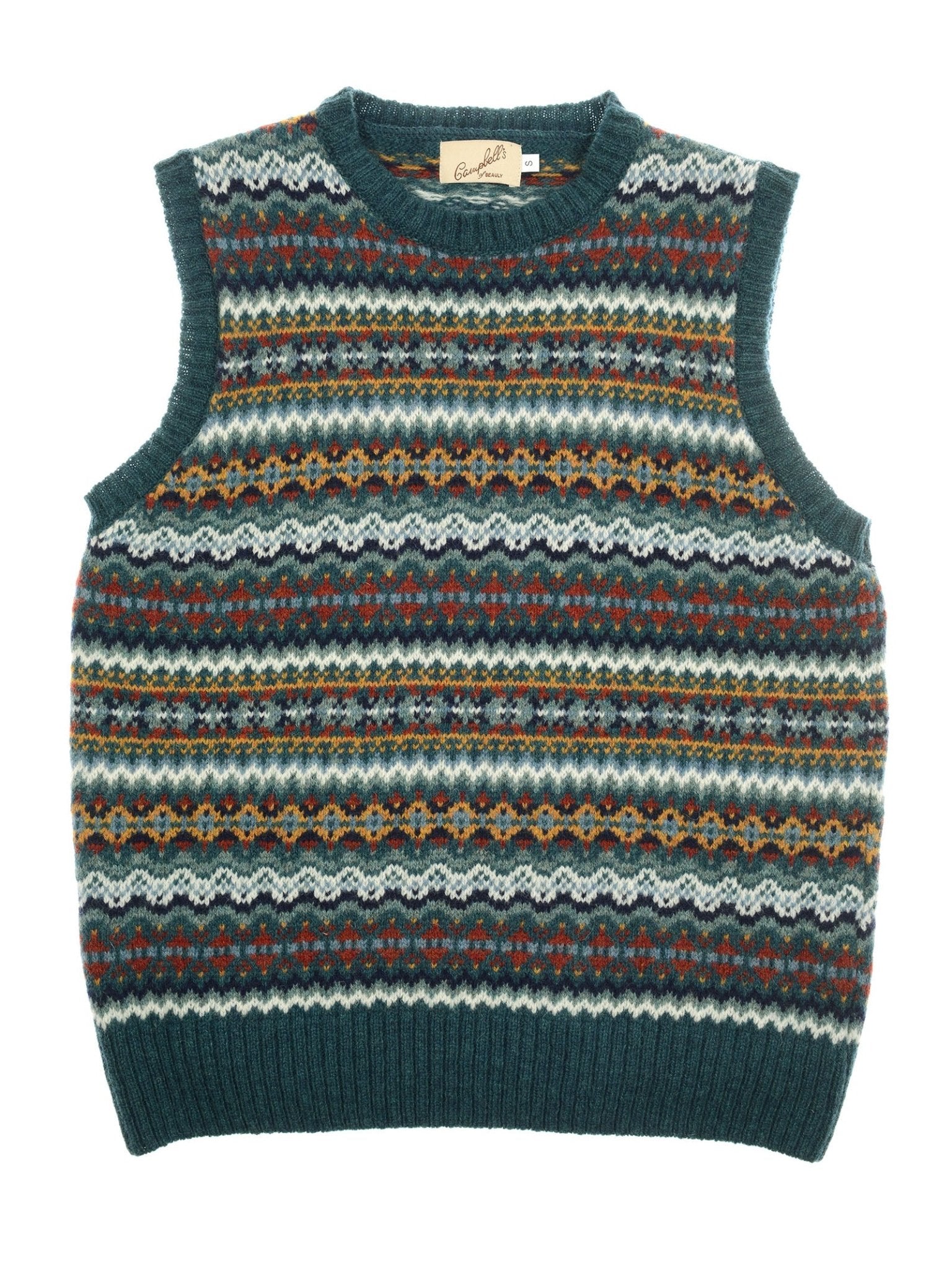 The Campbell's of Beauly Fairisle Crew Tank is knitted in Scotland from soft Shetland wool, showcasing a colorful Fair Isle pattern with blue, red, yellow, white, and green geometric shapes. Ribbed edges detail the neck, armholes, and hem.