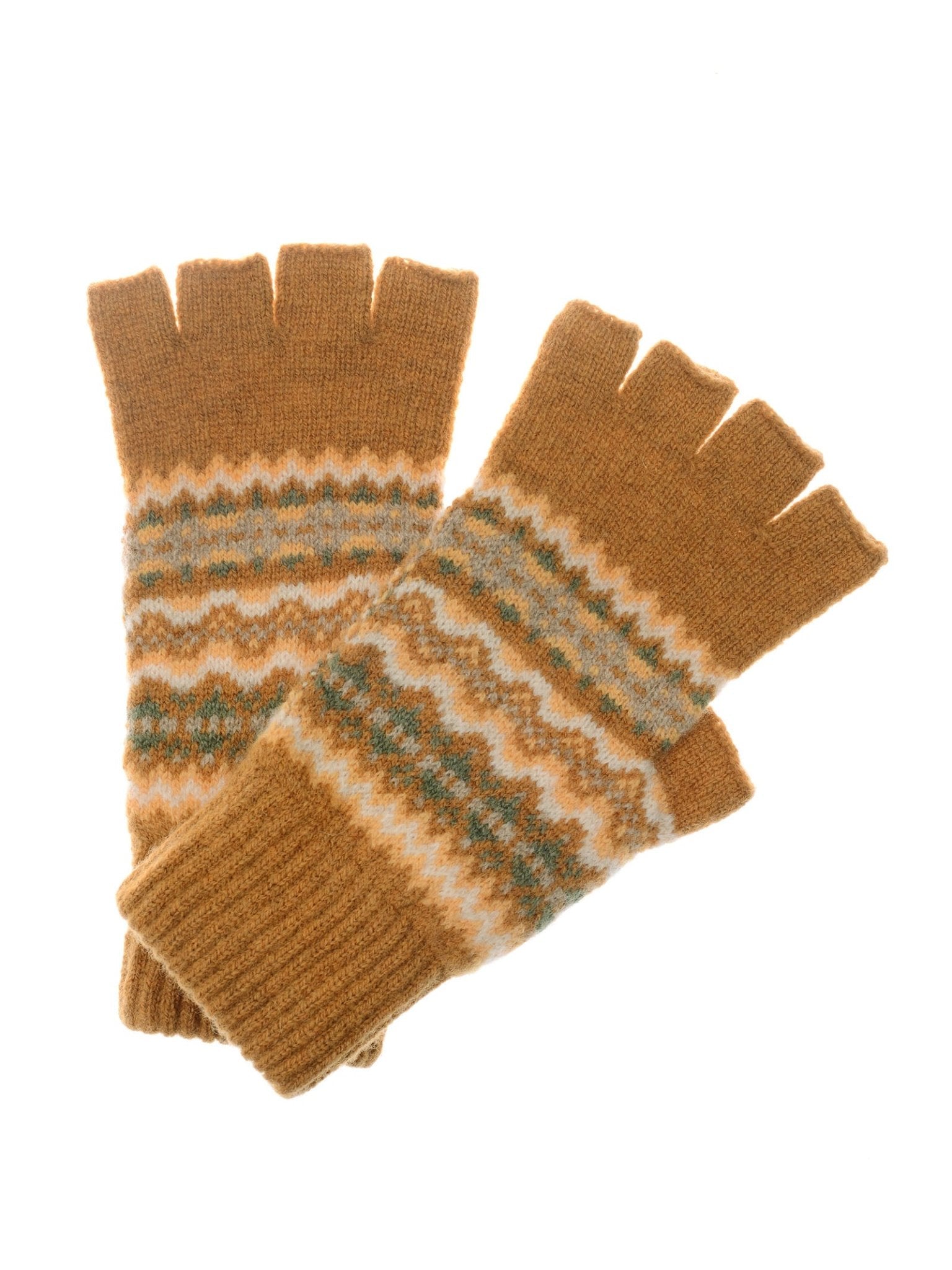 Campbell's of Beauly Lambswool Fairisle Half-Finger Gloves in brown, featuring a white, green, and light brown pattern, are shown overlapping on a white background.