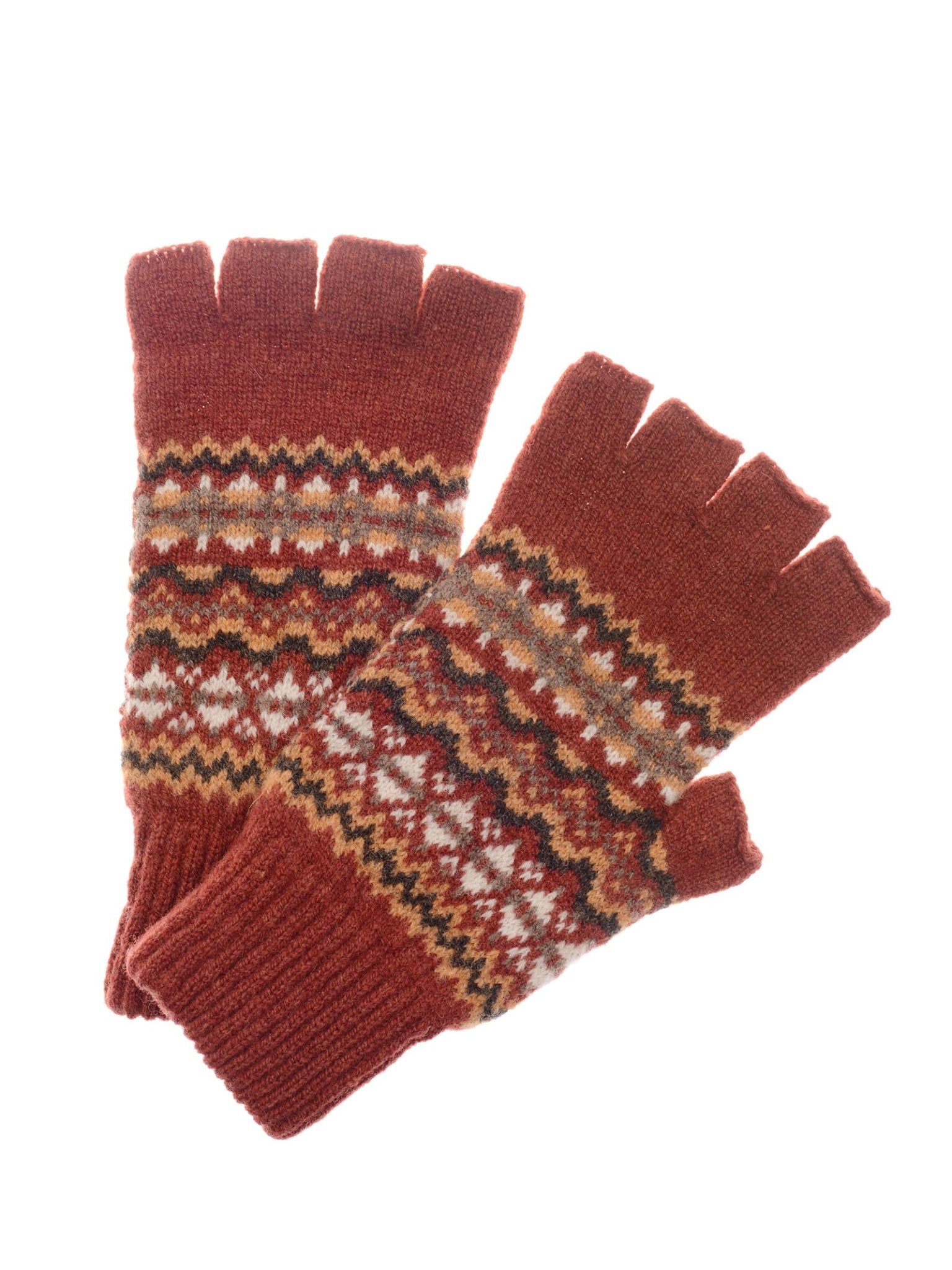 Campbell's of Beauly Lambswool Fairisle Half-Finger Gloves in rust, featuring a multicolored geometric pattern with white, yellow, and green accents are displayed on a white background.