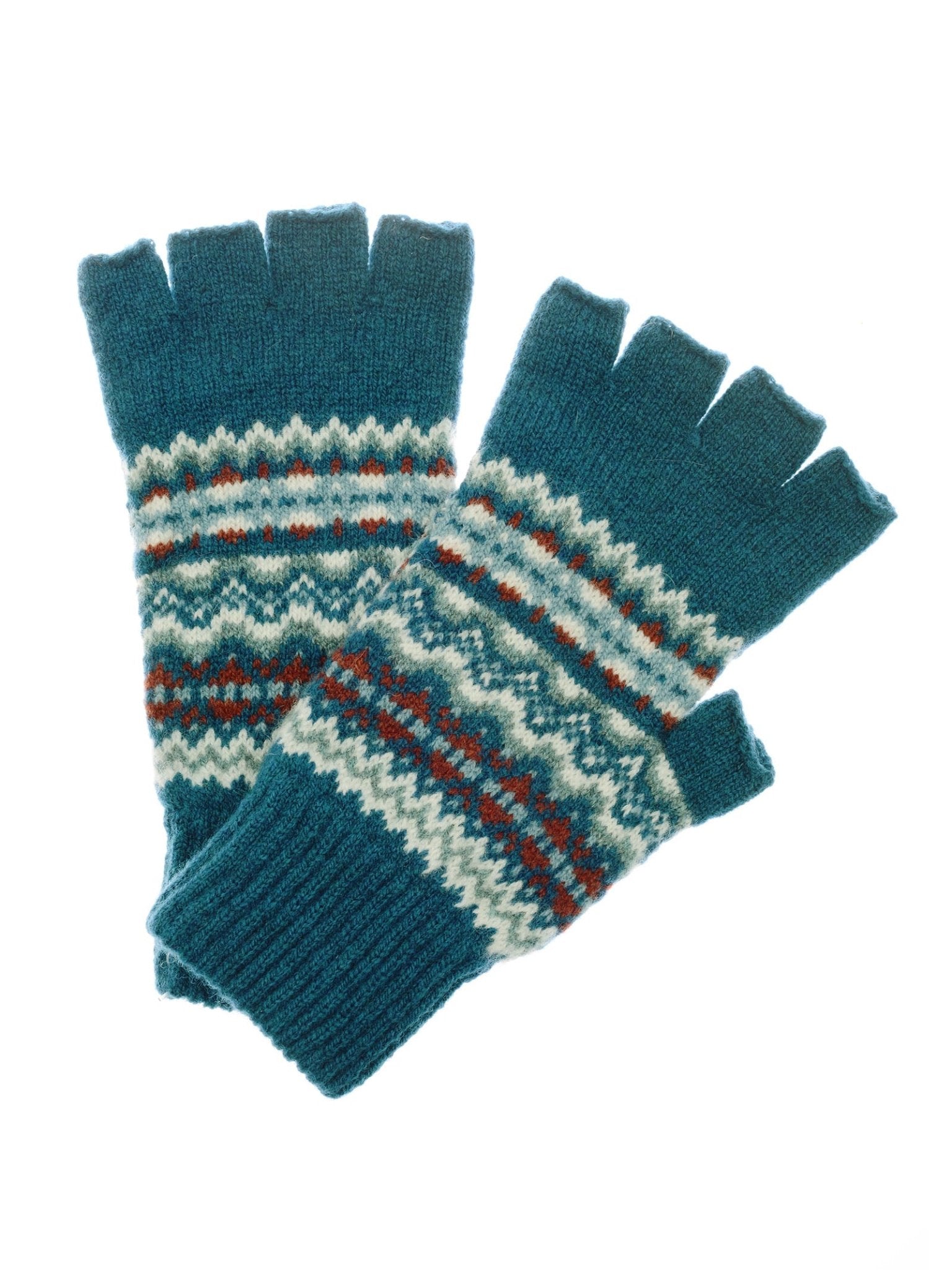 Campbell's of Beauly Lambswool Fairisle Half-Finger Gloves in Teal Fairisle, featuring a white, red, and light blue geometric pattern, are shown overlapping on a white background.