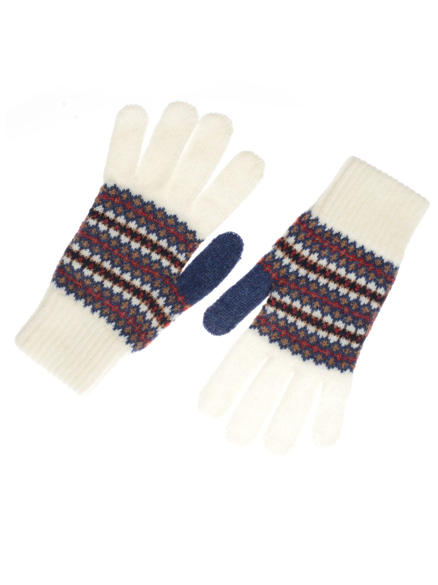 Campbell's of Beauly Lambswool Fairisle Gloves: cream-colored with a multicolored Fairisle pattern across the middle and navy blue thumbs, shown on a white background.