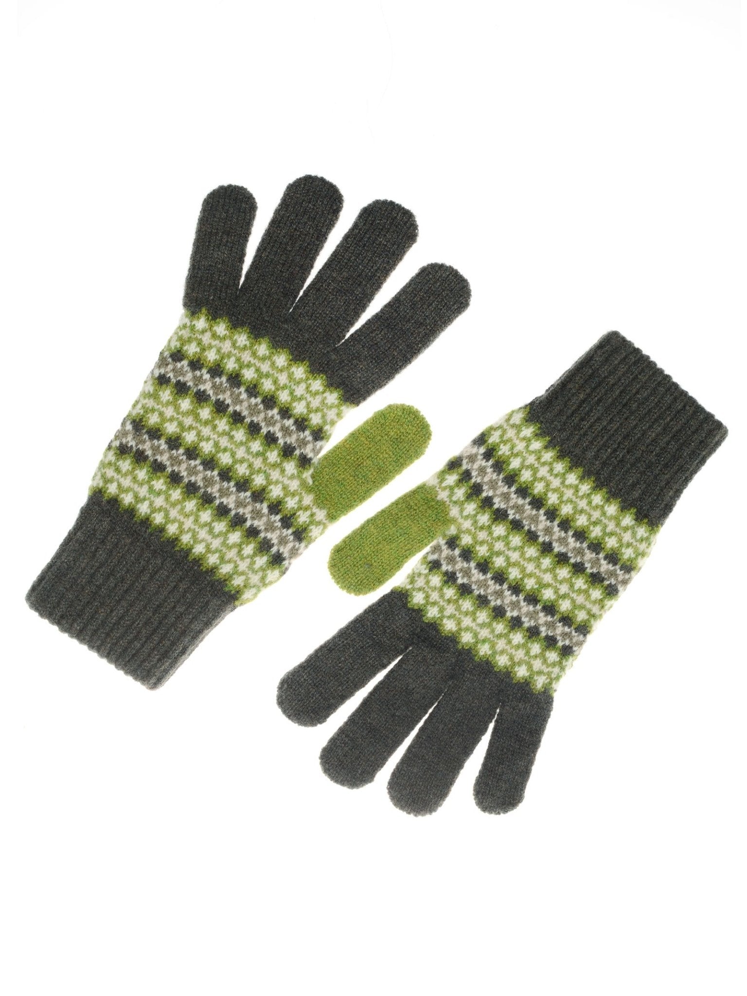 Campbell's of Beauly Lambswool Fairisle Gloves feature gray, green, and white stripes with green thumbs, inspired by classic Scottish knitwear. Shown on a white background.