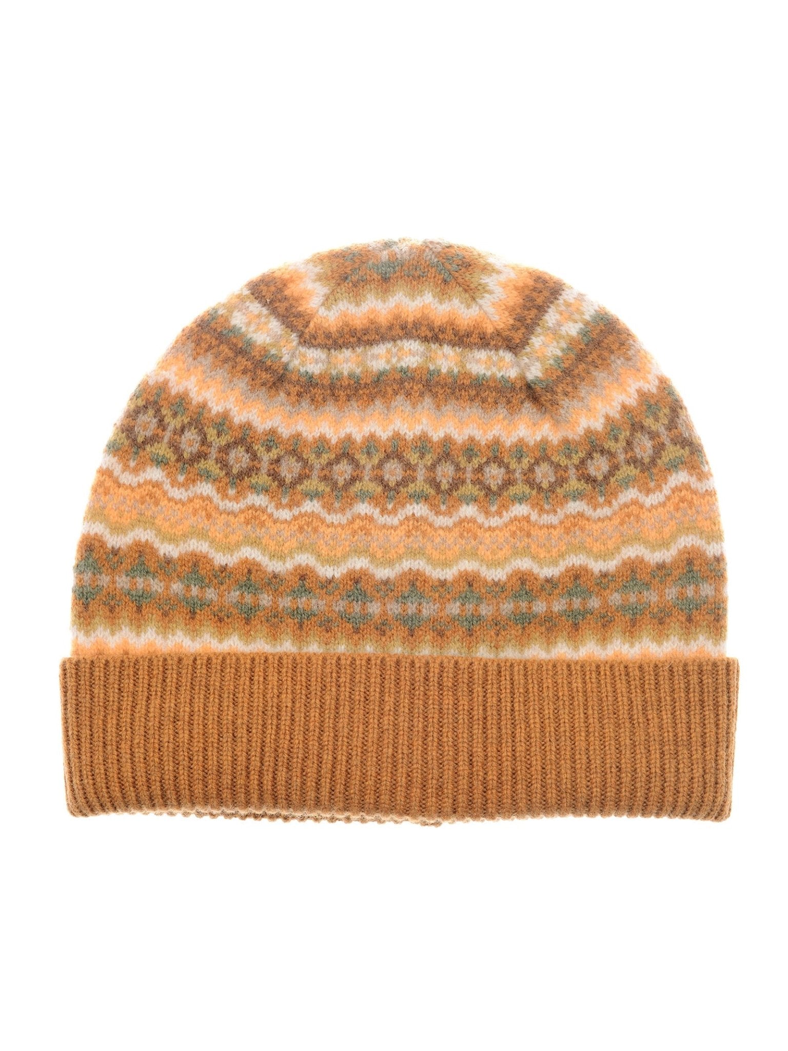 The Lambswool Fairisle Hat by Campbell's of Beauly is a winter must-have, featuring a folded ribbed brown brim and a multicolored Fair Isle pattern in brown, beige, green, and blue.