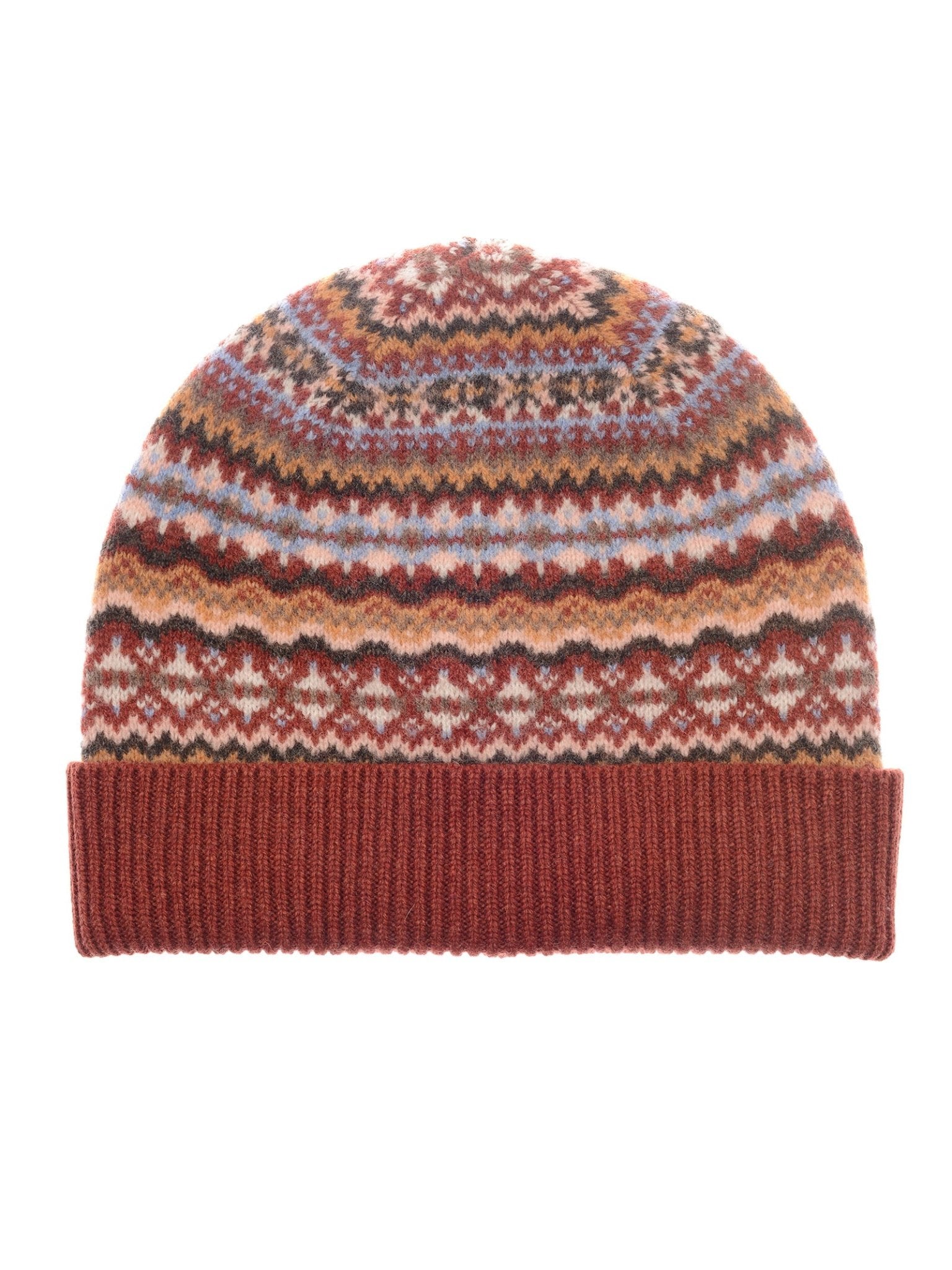 The Campbell's of Beauly Lambswool Fairisle Hat is a cozy winter essential, featuring a folded brim and vibrant red, brown, blue, pink, and white patterns in soft lambswool.