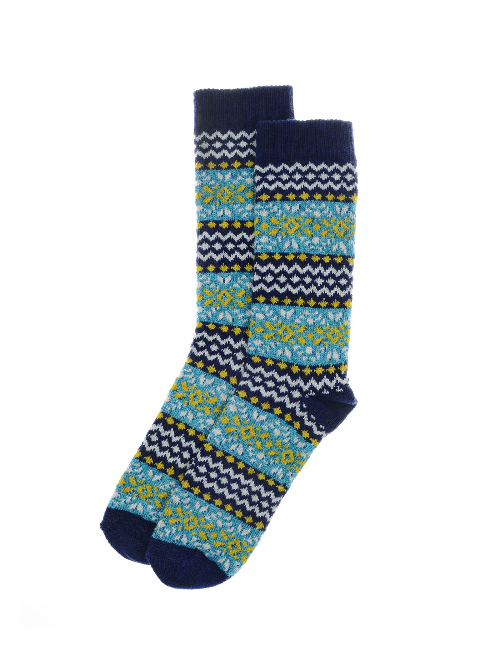 A pair of Campbell’s of Beauly Fairisle Socks featuring a blue, yellow, white, and black geometric pattern, expertly crafted from a soft wool and cotton blend and displayed against a white background.