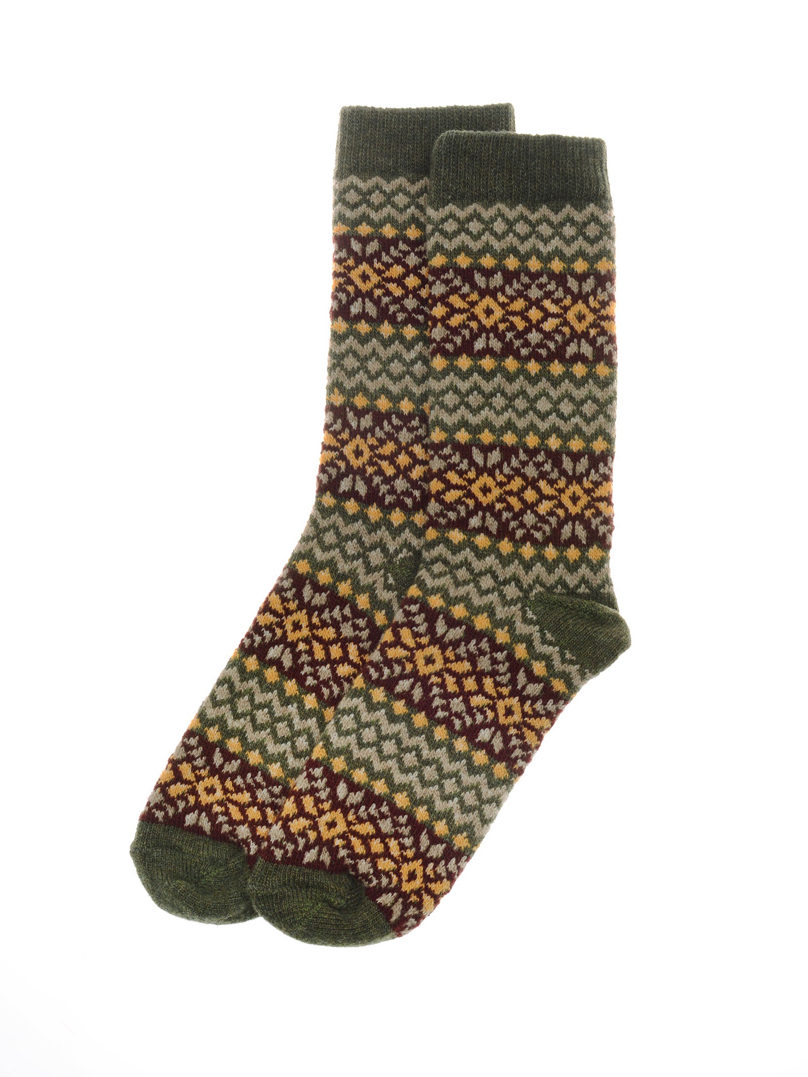 A pair of green Fairisle Socks by Campbell’s of Beauly, featuring yellow, burgundy, and beige geometric patterns. Crafted in the UK from a soft wool and cotton blend, shown laid flat on a white background.