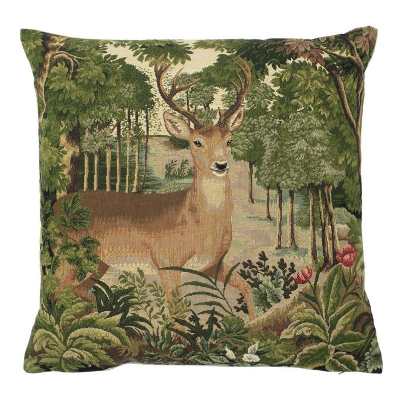 Add charm to your home with the Woodland Doe Cushion Cover by Campbells of Beauly, featuring a tapestry-style woodland doe in a lush green forest—an elegant decorative accent for any room.