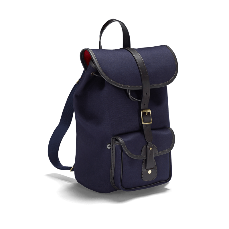 The Campbell's of Beauly Canvas Rucksack is a navy bag with black leather trim, a front pocket with a buckle, and a top flap secured by strap and brass buckle.