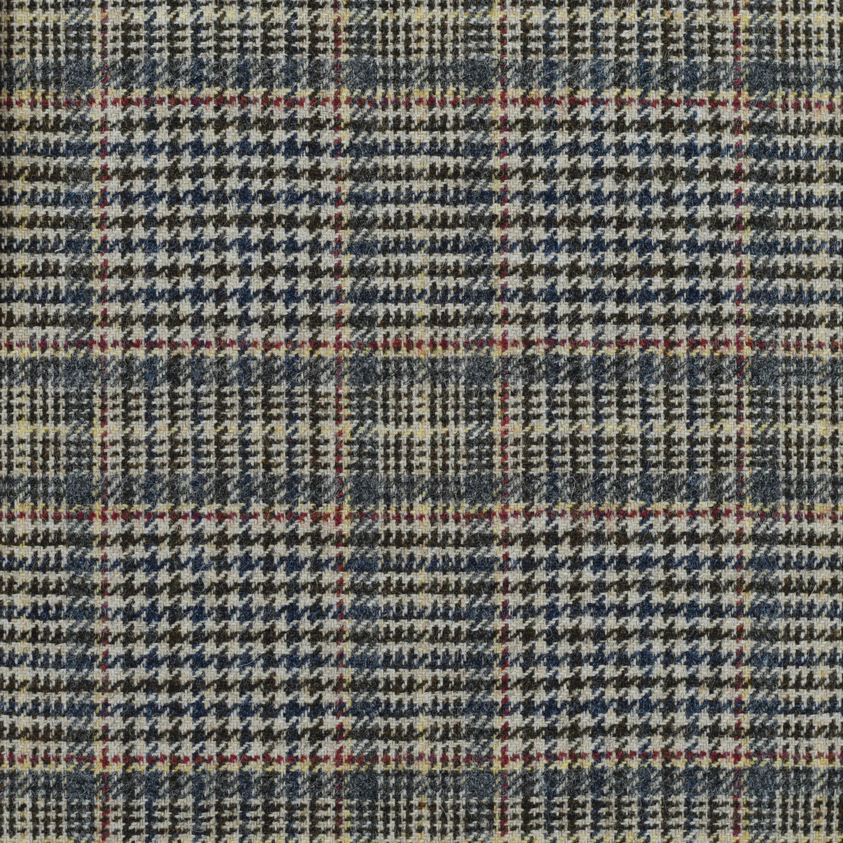 House Tweed 77615 by Campbells of Beauly features a classic plaid with navy, beige, black, and thin red lines. Its lightweight tweed weave offers a slightly coarse texture—ideal for transitional tailoring projects.