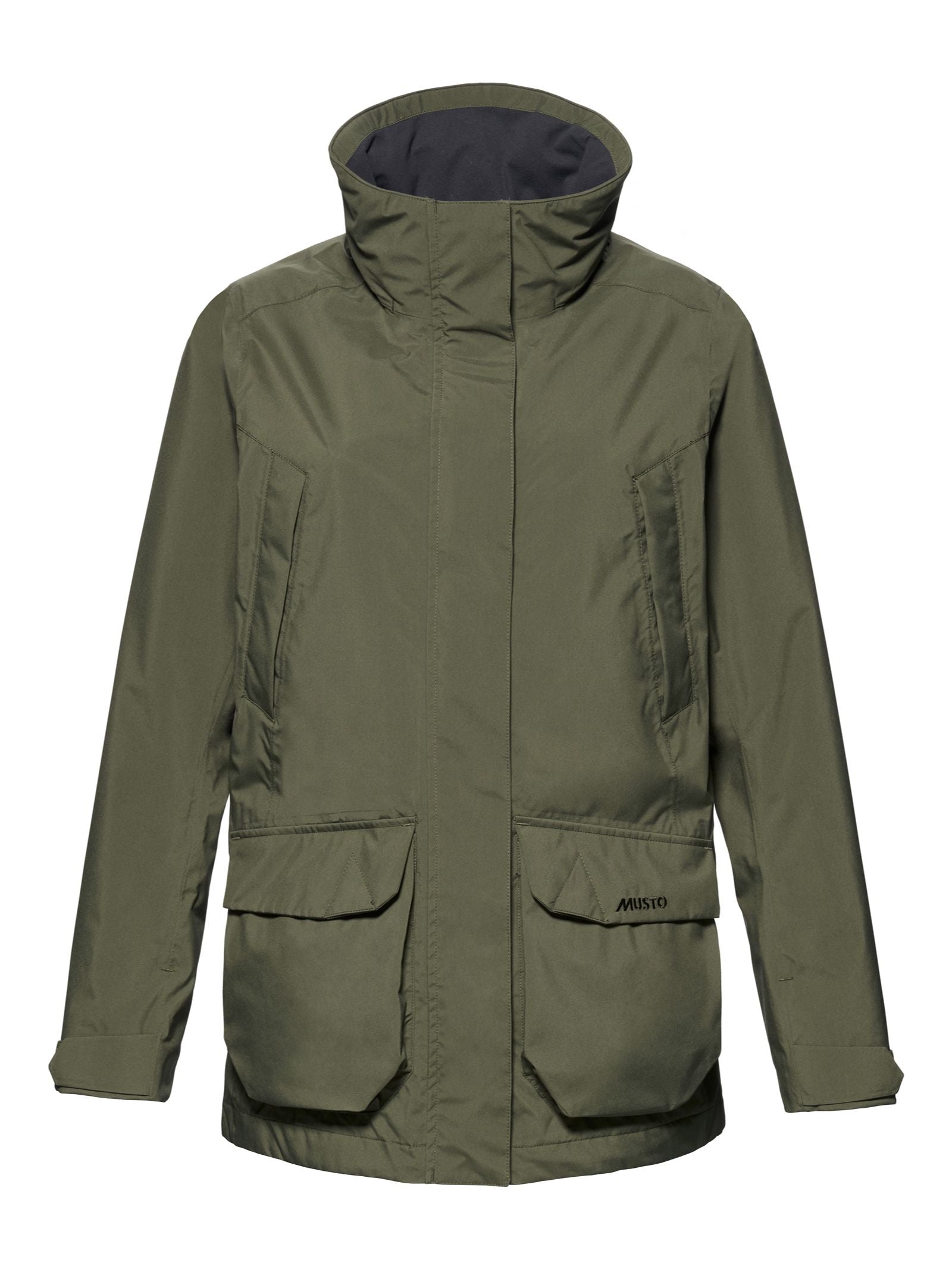 The Musto Fenland Jacket 3.0 is a green, long-sleeve outdoor waterproof jacket featuring a high collar, two large front pockets, two angled chest pockets, and a front zipper concealed by a flap.