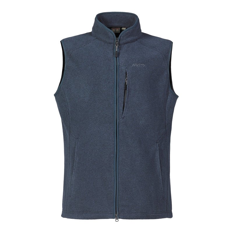 The Musto Fenland Polartec® Vest is a sleeveless navy fleece with a front zipper, high collar, zippered chest and side pockets, and Musto branding on the left chest. Perfect for lightweight layering.