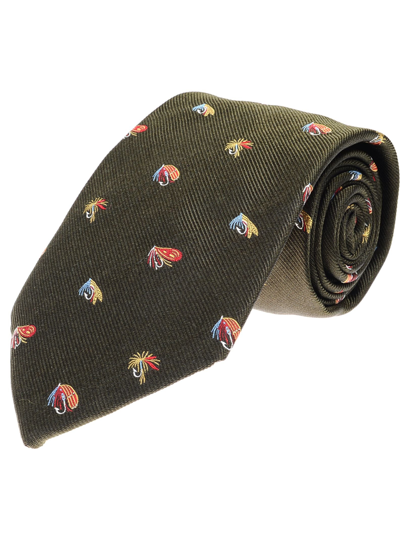 The Campbell’s of Beauly Fishing Fly Silk Tie is a rolled-up dark green silk tie featuring small, colorful embroidered fishing flies for a classic countryside look.