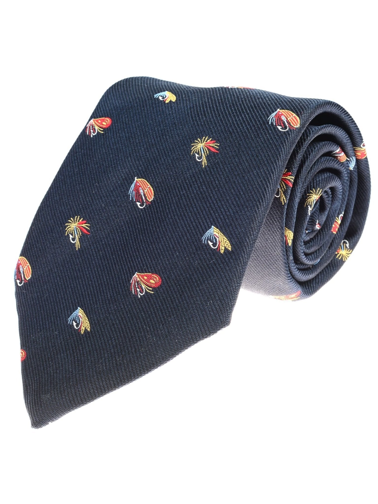 The Campbell's of Beauly Fishing Fly Silk Tie is a rolled-up navy blue silk tie adorned with small, colorful embroidered fishing flies in red, yellow, and blue—a classic countryside motif.