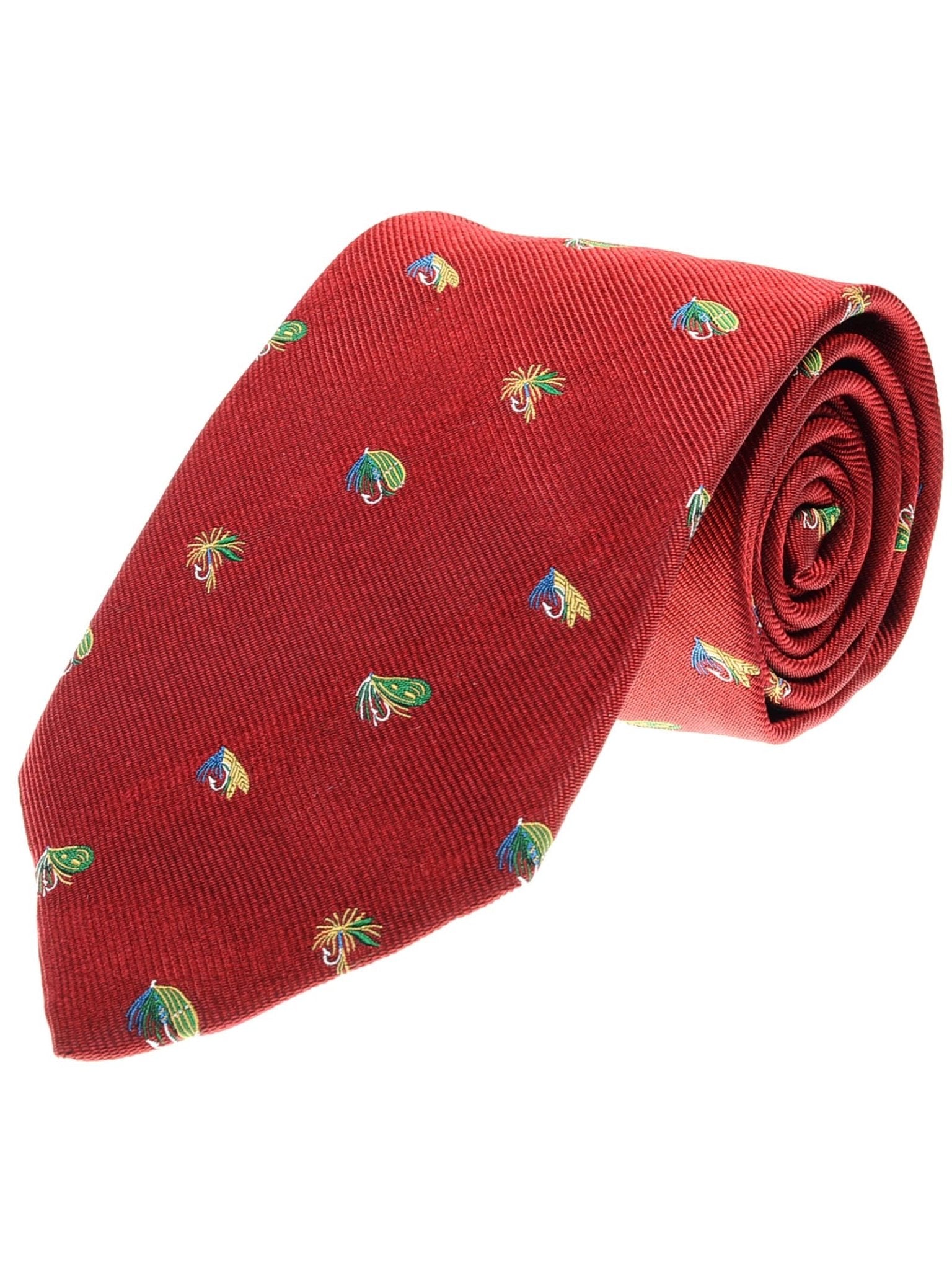 A rolled-up silk tie from Campbell’s of Beauly, the Fishing Fly, features a refined countryside motif with small, colorful embroidered fishing flies.