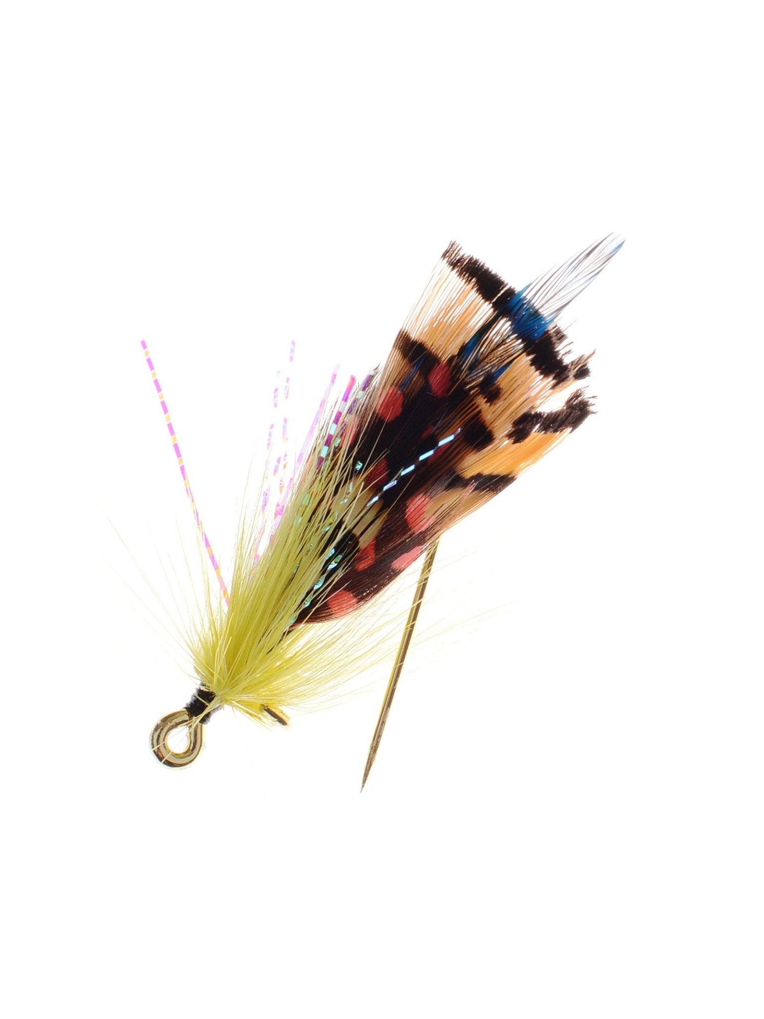 The Campbell's of Beauly Fly Fishing Brooch is a handmade accessory with a yellow feathery body, pink iridescent strands, and brown spotted feathers, showcased against a white background.
