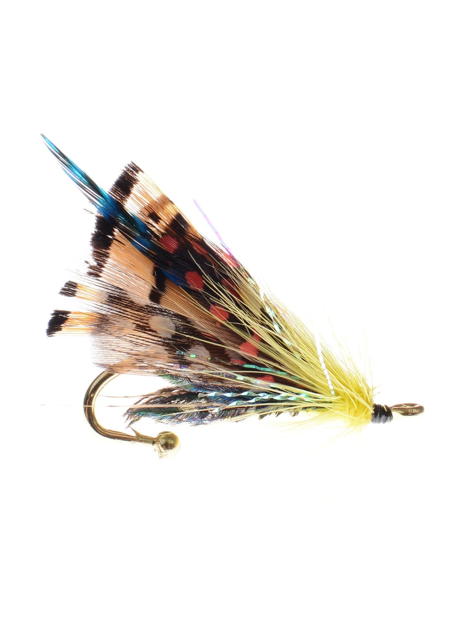 The Fly Fishing Brooch by Campbell's of Beauly features a gold hook, yellow thread, and layered brown, black, blue, and red-tipped feathers—a handmade accessory with country charm. Pictured against a white background.