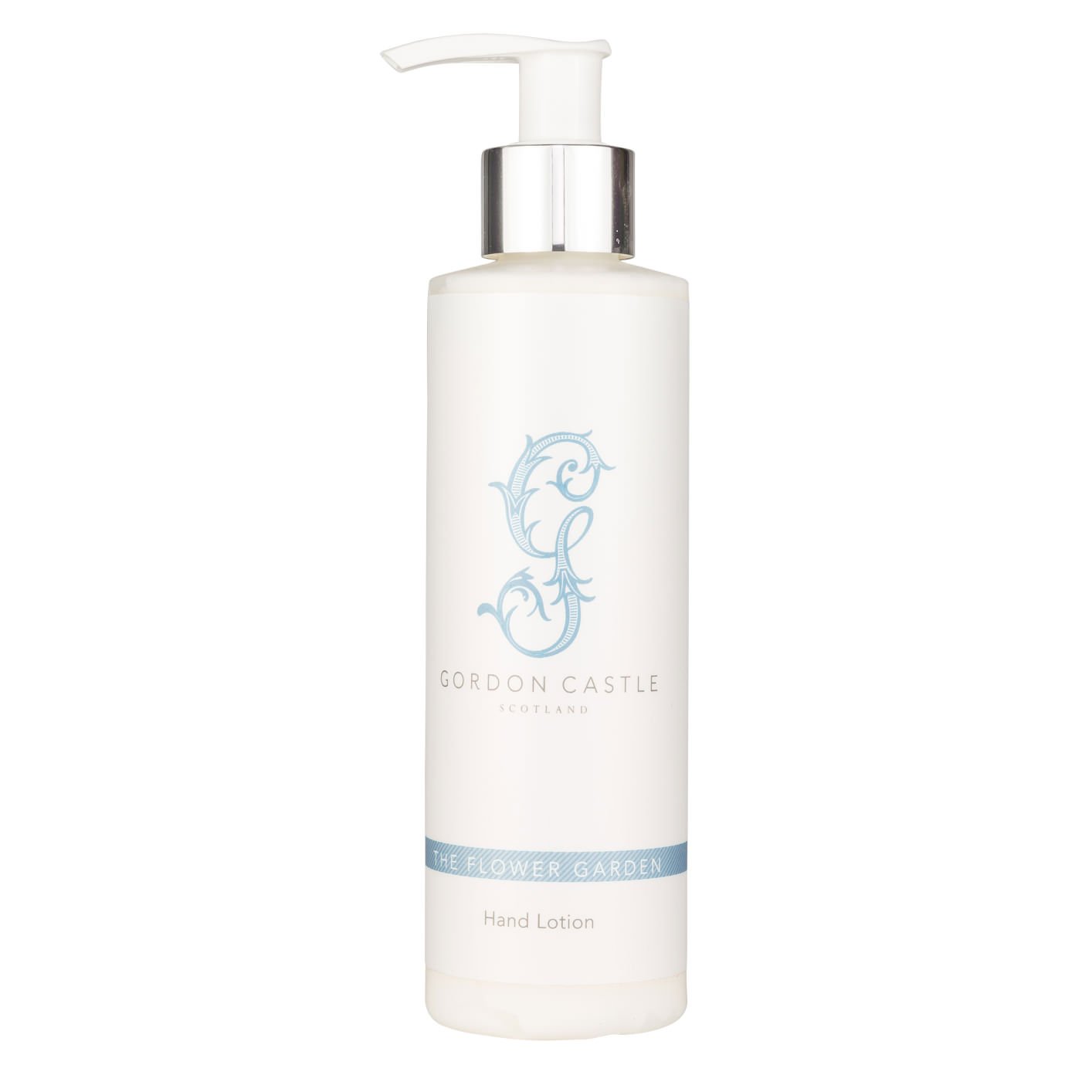 A white pump bottle of Gordon Castle The Flower Garden Hand Cream features elegant branding, light blue and silver accents, and is enriched with natural botanical extracts.