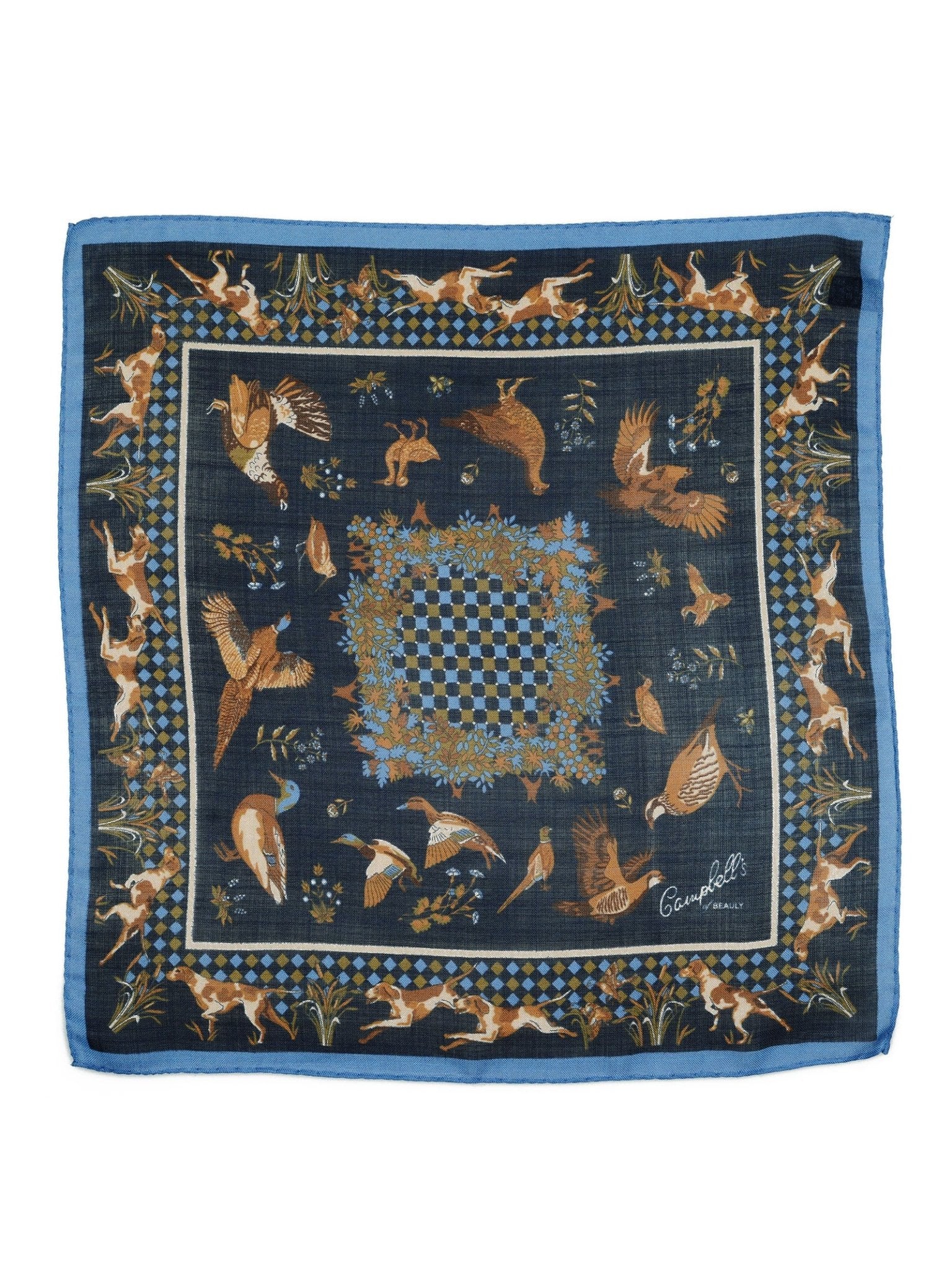 The Wool & Silk Hank by Campbell's of Beauly is a square scarf with a blue border, detailed brown and white birds in flight and at rest, floral and geometric patterns on a dark blue background, and elegant hand-rolled edges.