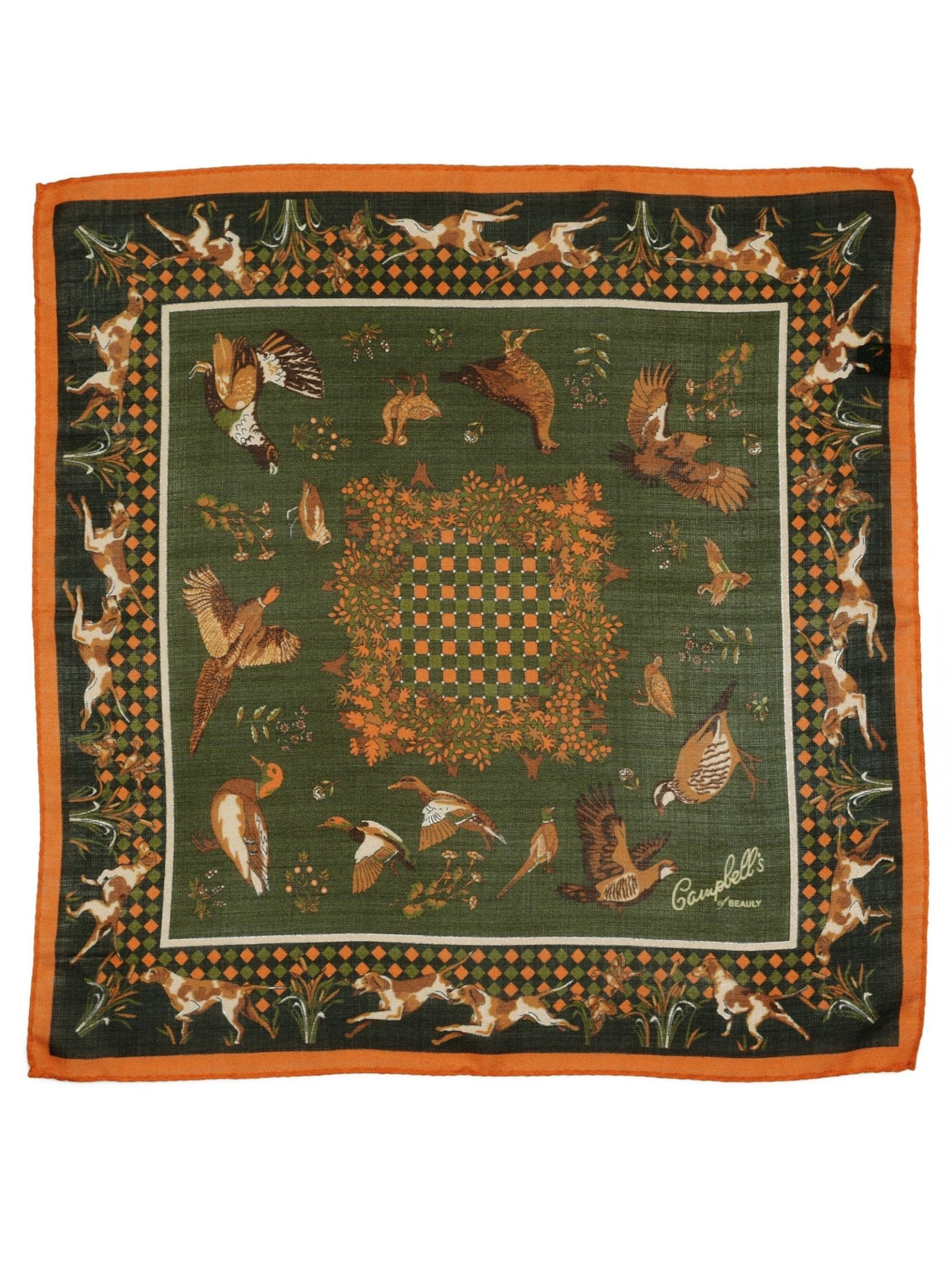 A square green Wool & Silk Hank by Campbell's of Beauly, with an orange border, birds, small animals, a decorative center, hand-rolled edges, and “Campbell's of Beauly Made in France” in the lower right corner.